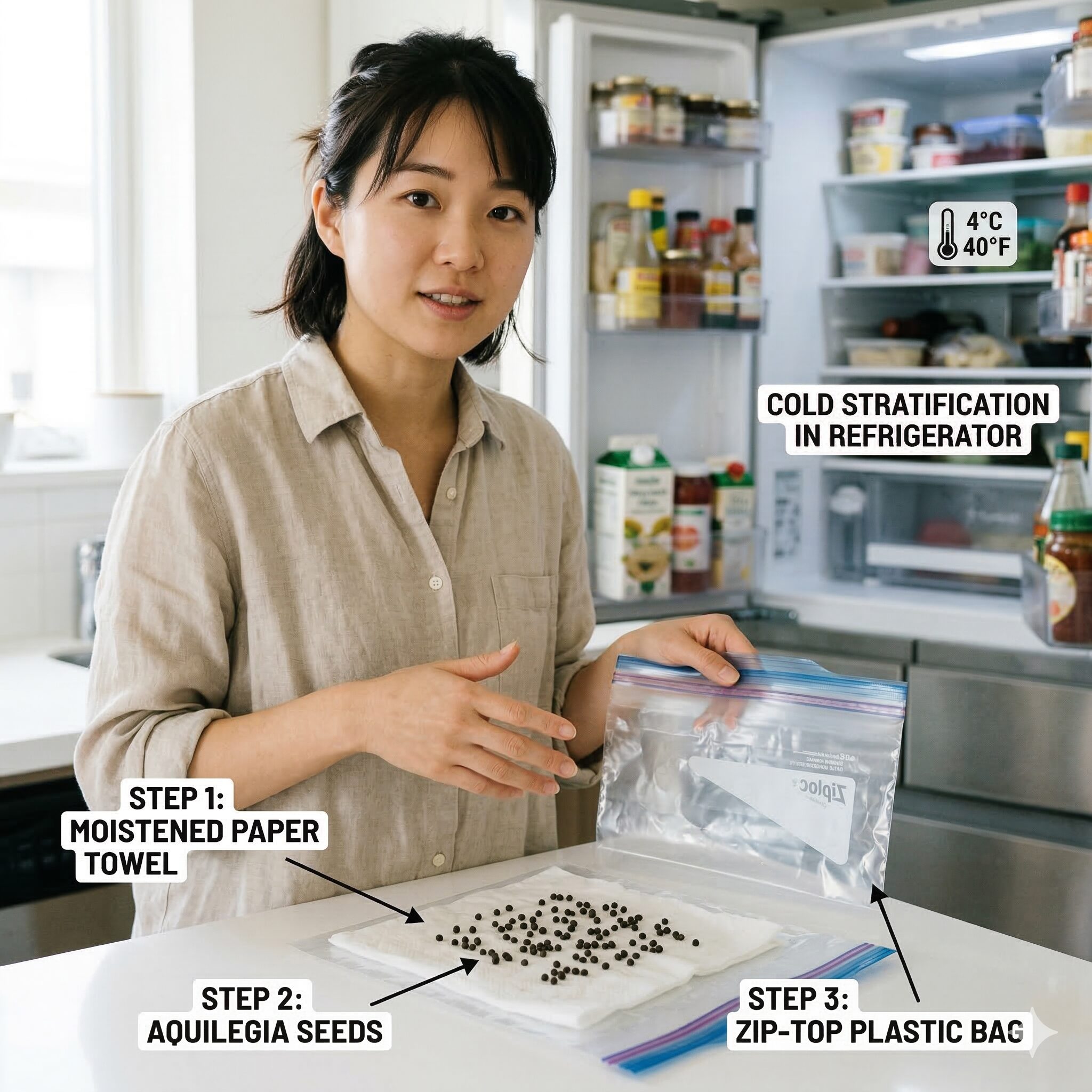 西洋 オダマキ 寿命9　休眠打破のために冷蔵庫で低温湿潤処理を行っている西洋オダマキの種子