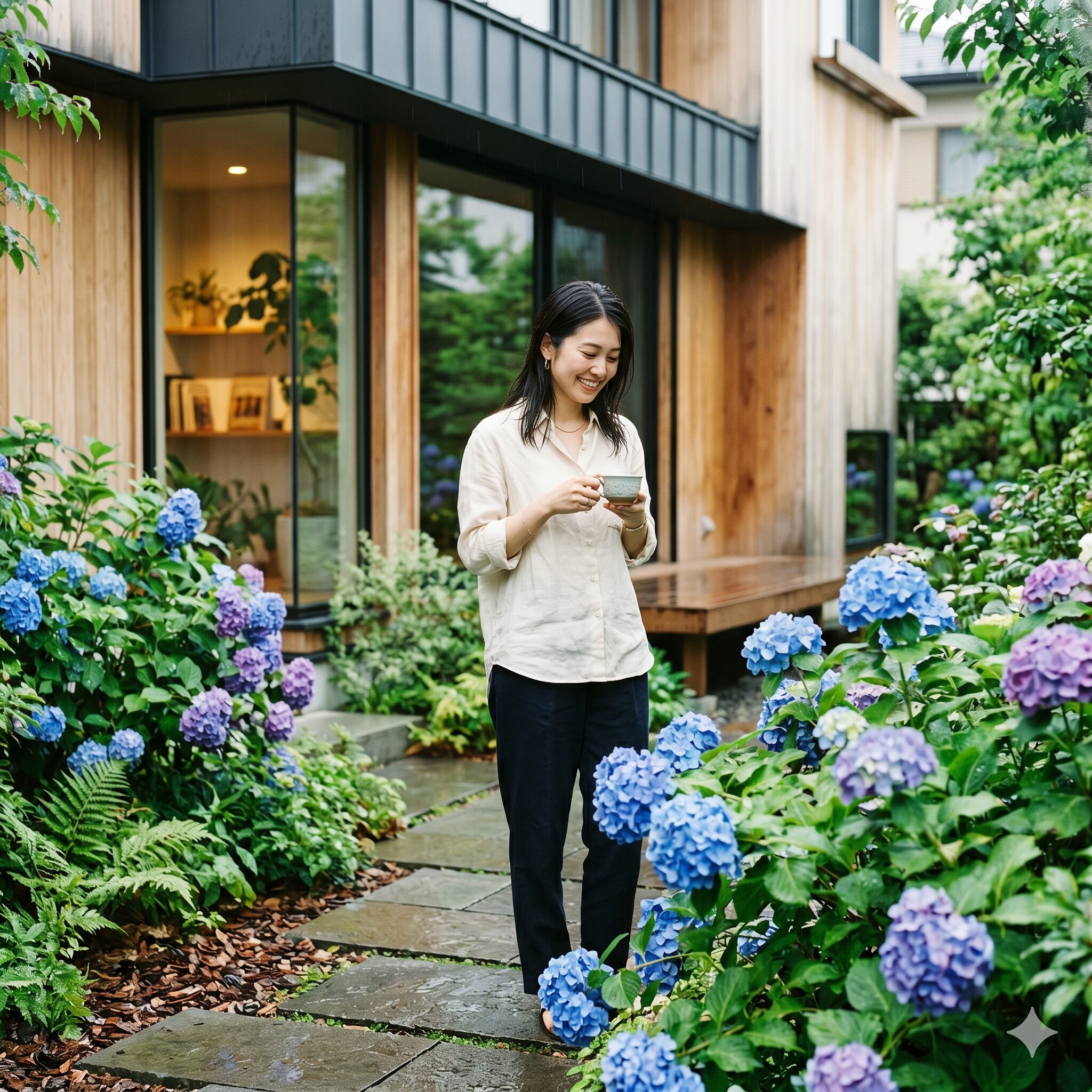 アジサイ 庭に植えてはいけない1　梅雨の庭を彩る美しいアジサイ。現代の住宅にマッチするガーデニングの風景。