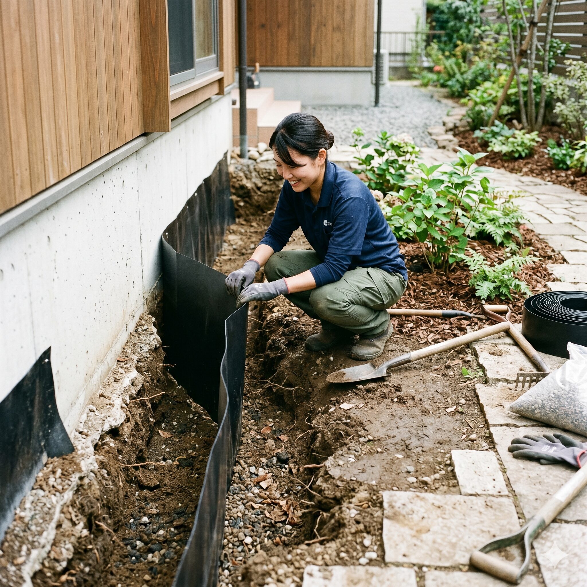 アジサイ 庭に植えてはいけない10　地中に埋設する防根シート。建物や排水管をアジサイの根から物理的に守る方法。