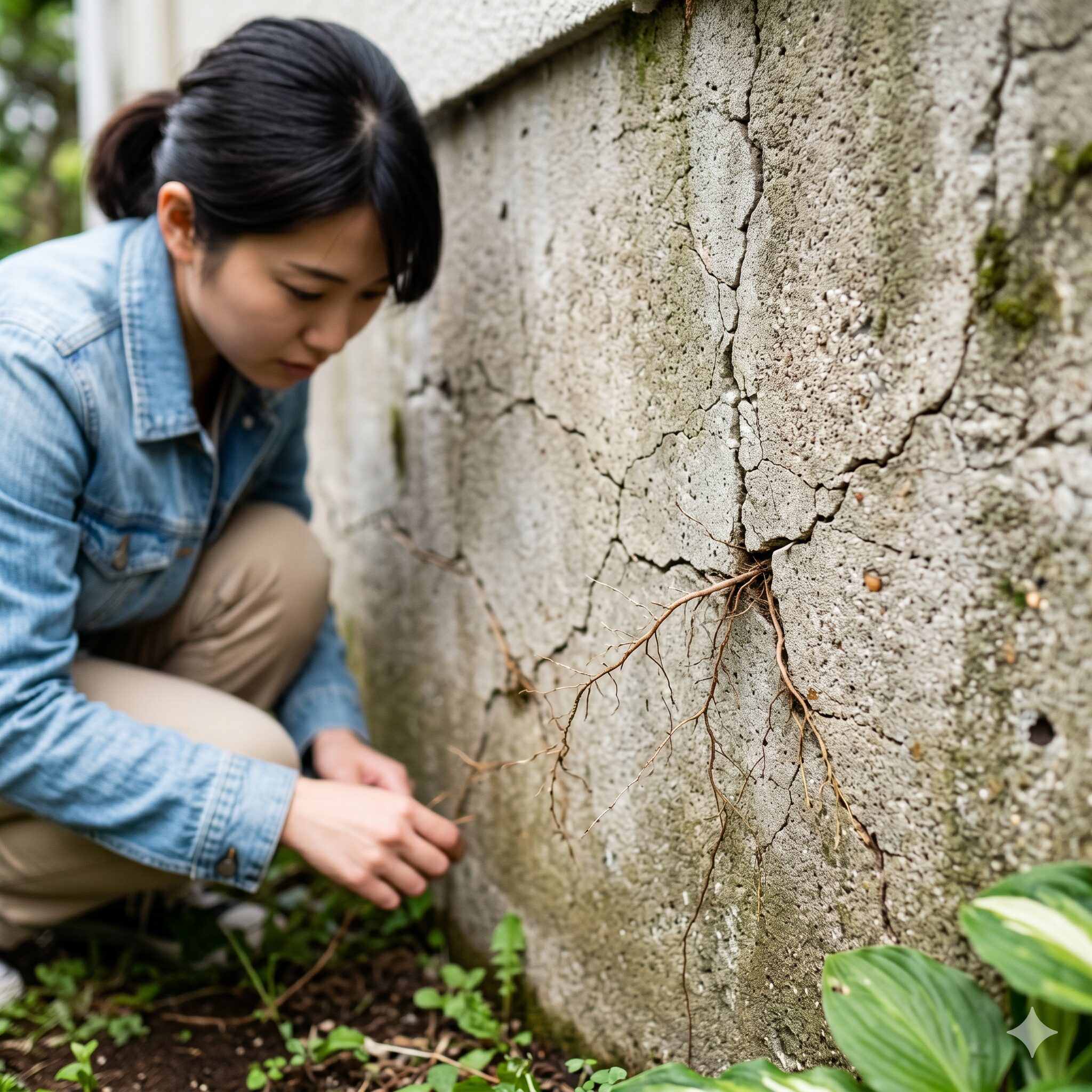 アジサイ 庭に植えてはいけない2　住宅基礎のひび割れに侵入する植物の根。アジサイの根による建物への物理的な影響。
