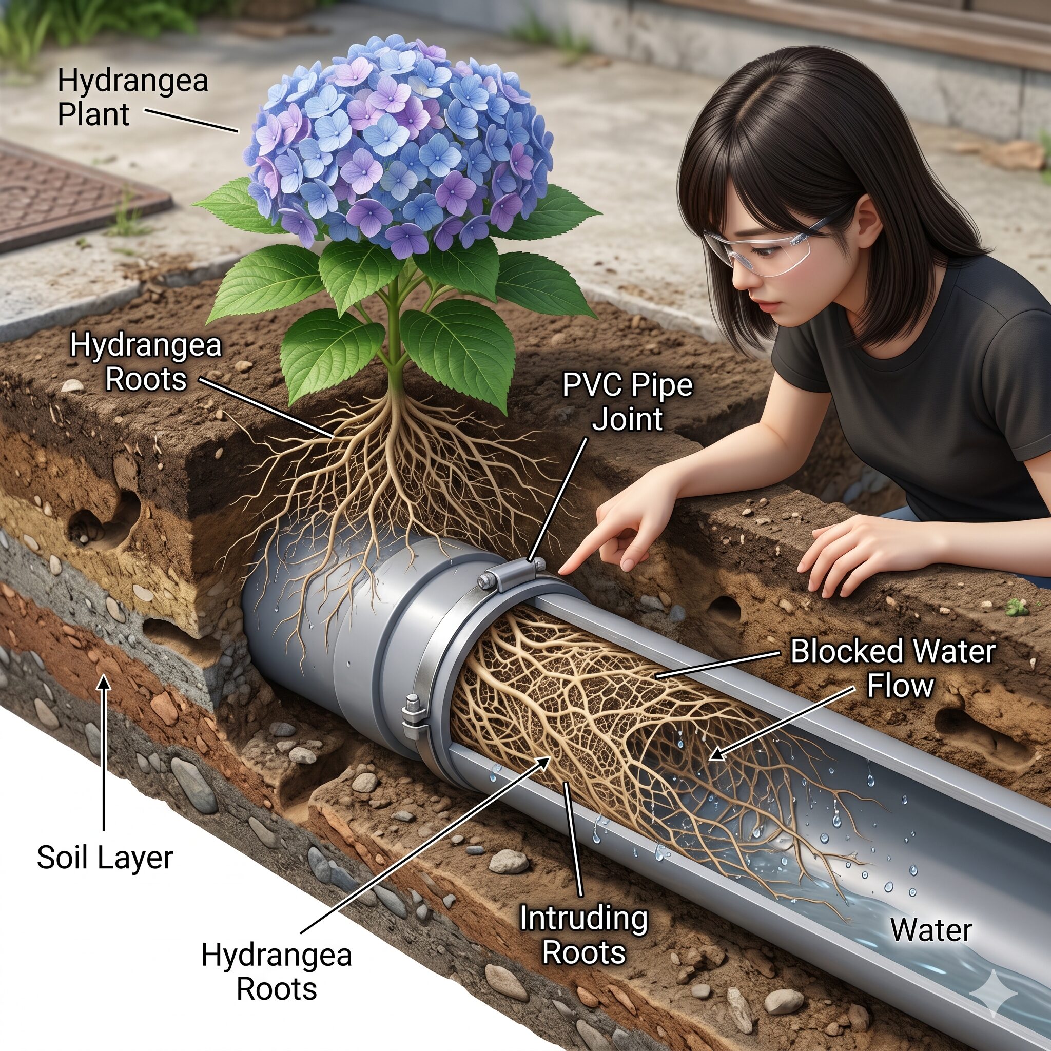 アジサイ 庭に植えてはいけない3　排水管の内部に侵入した植物の根。向水性によって配管トラブルを引き起こすイメージ図。