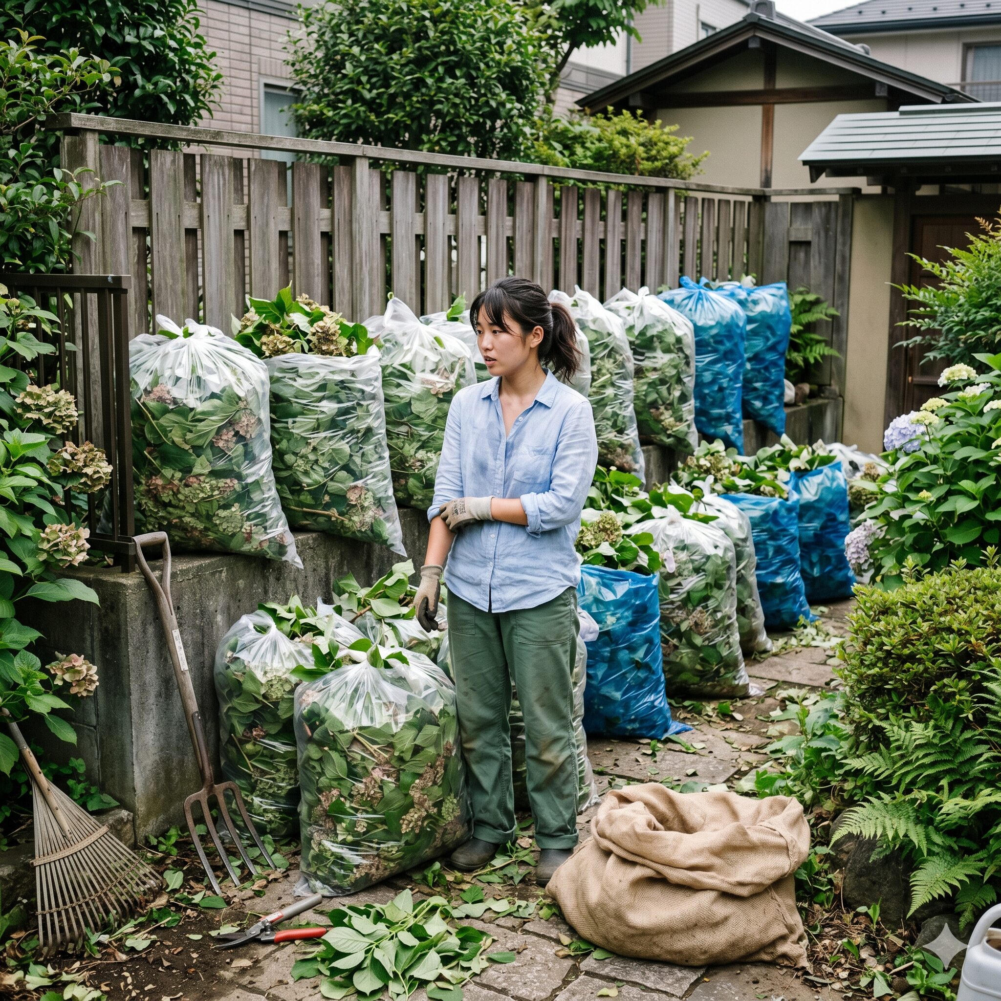 アジサイ 庭に植えてはいけない5　アジサイの剪定後に発生した大量のゴミ袋。巨大化した株の処分や清掃の負担。