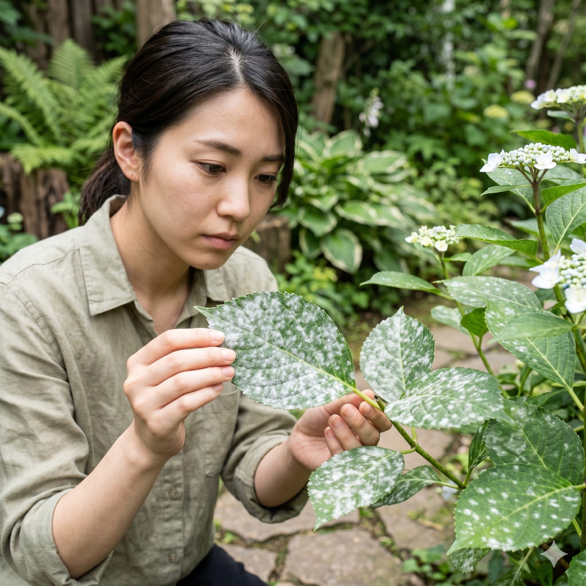 アジサイ 庭に植えてはいけない6　アジサイの葉に発生したうどんこ病の症状。風通しの悪さが招くカビ病の典型例。