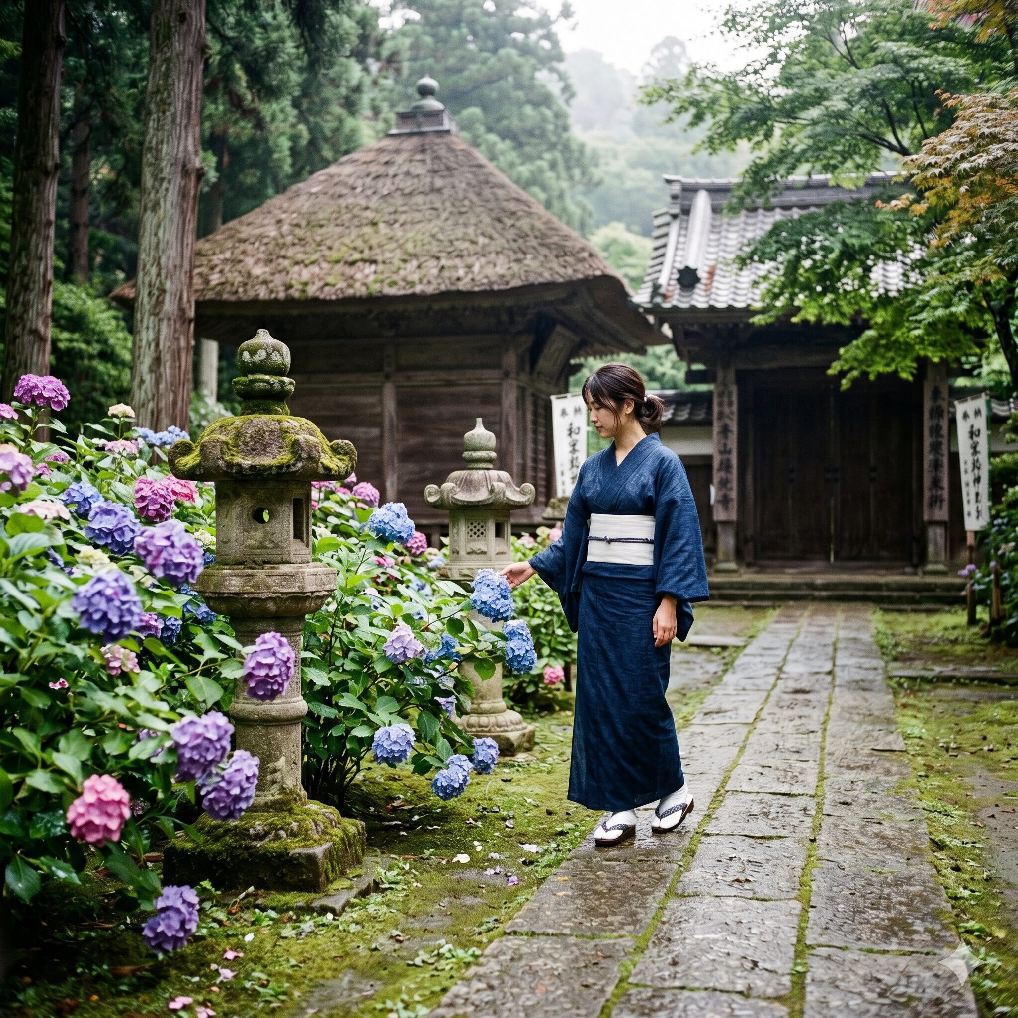 アジサイ 庭に植えてはいけない7　お寺の境内に咲くアジサイ。弔いの花として歴史的に親しまれてきたアジサイの原風景。