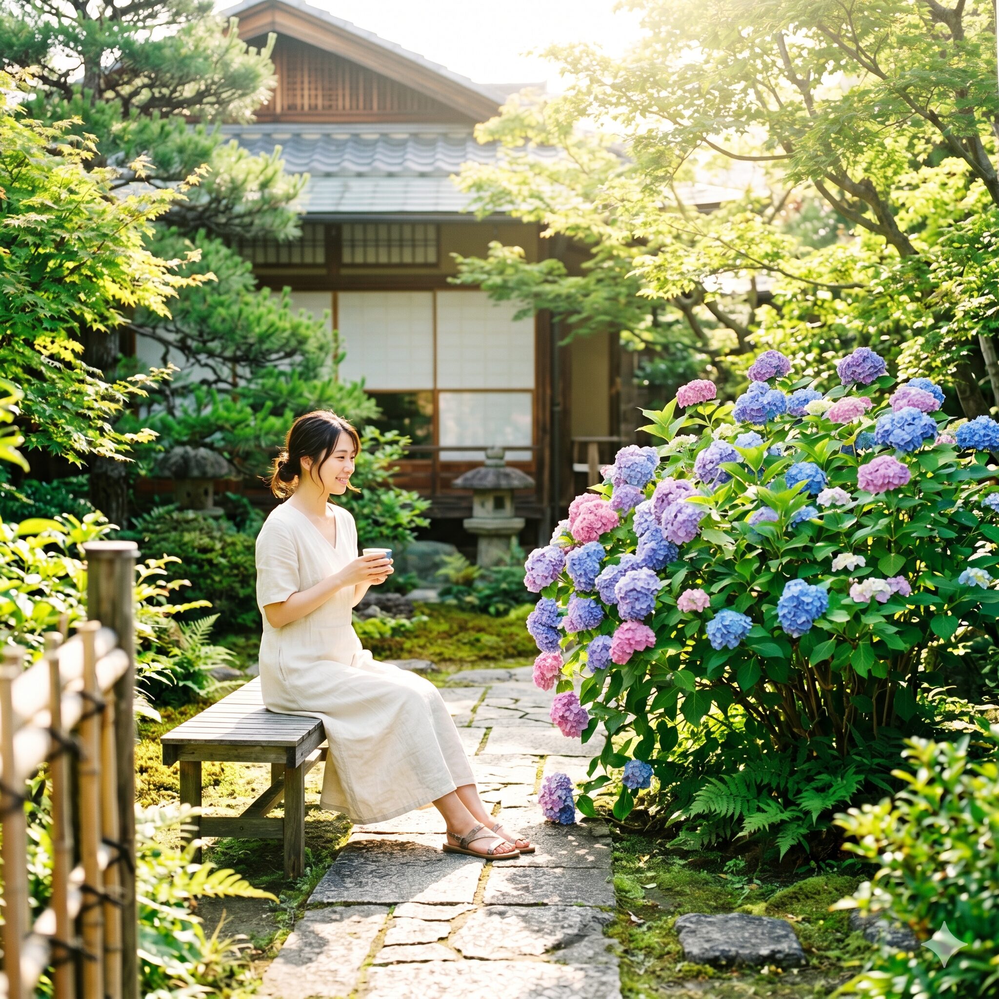 アジサイ 庭に植えてはいけない8　風水で吉とされる東南の方角に植えられたアジサイ。家庭運や金運を高める配置。