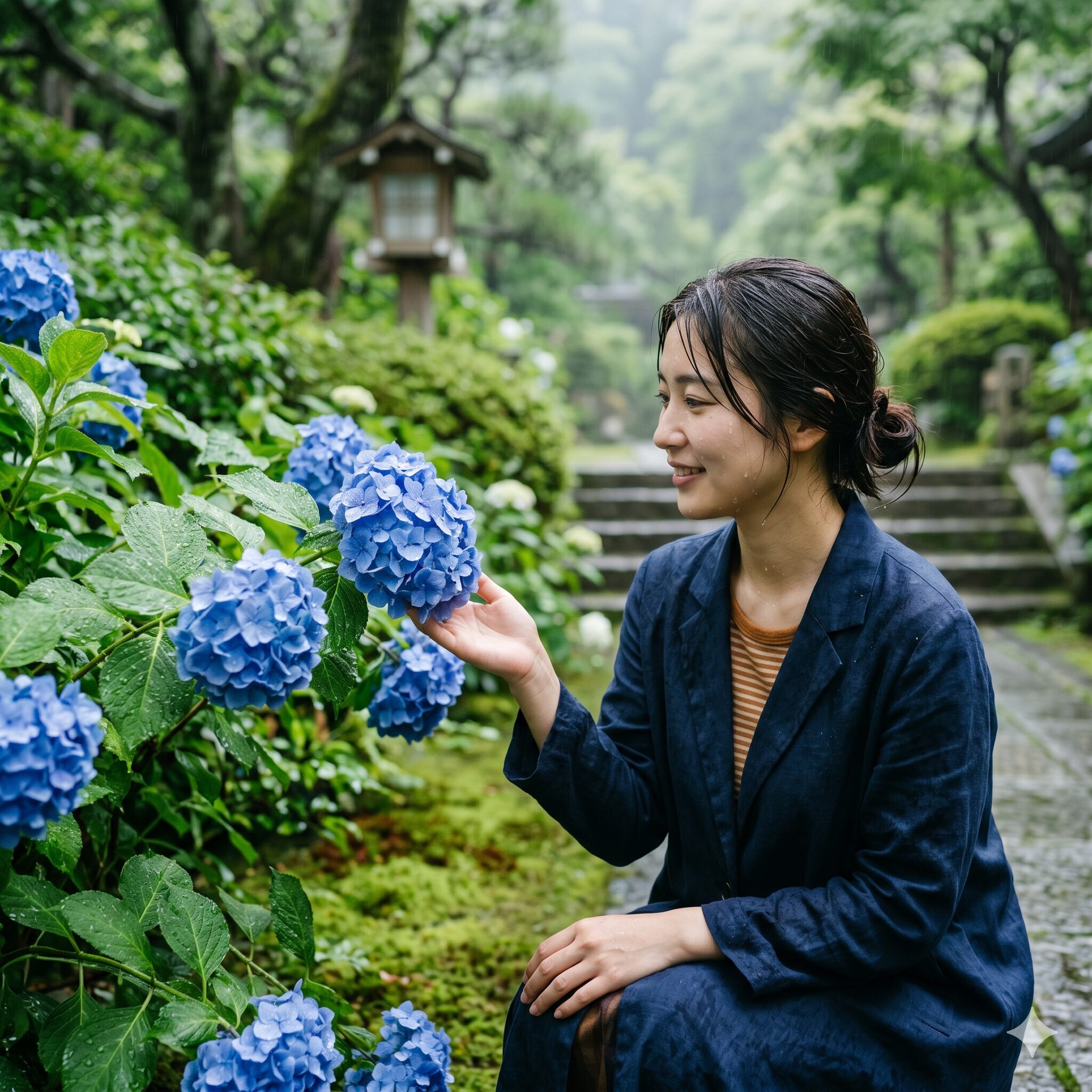 アジサイ属1　雨に濡れて雫が輝く青色のアジサイと梅雨時期の美しい日本庭園