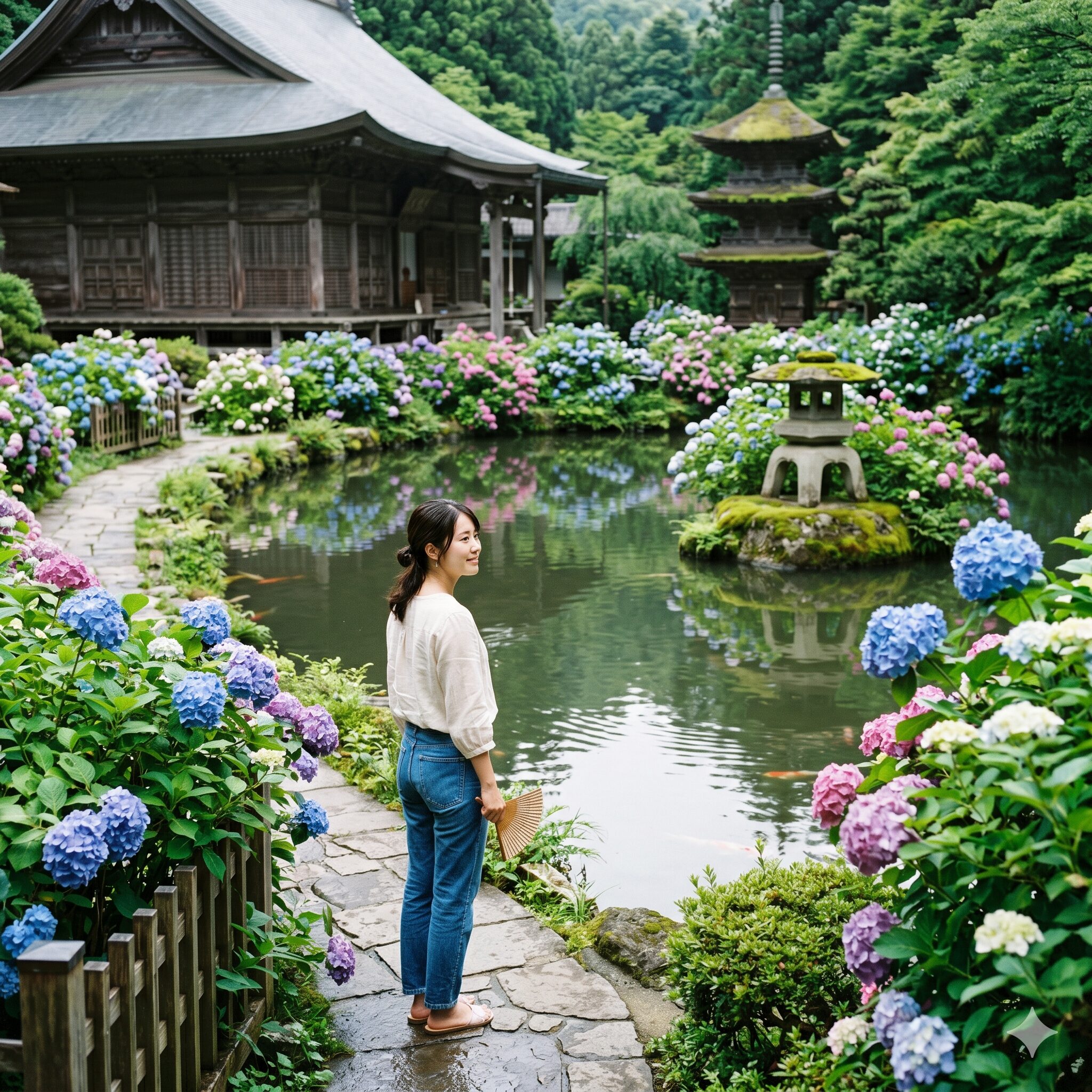 アジサイ属10 東京八王子の真覚寺に咲く情緒豊かなアジサイと心字池の風景
