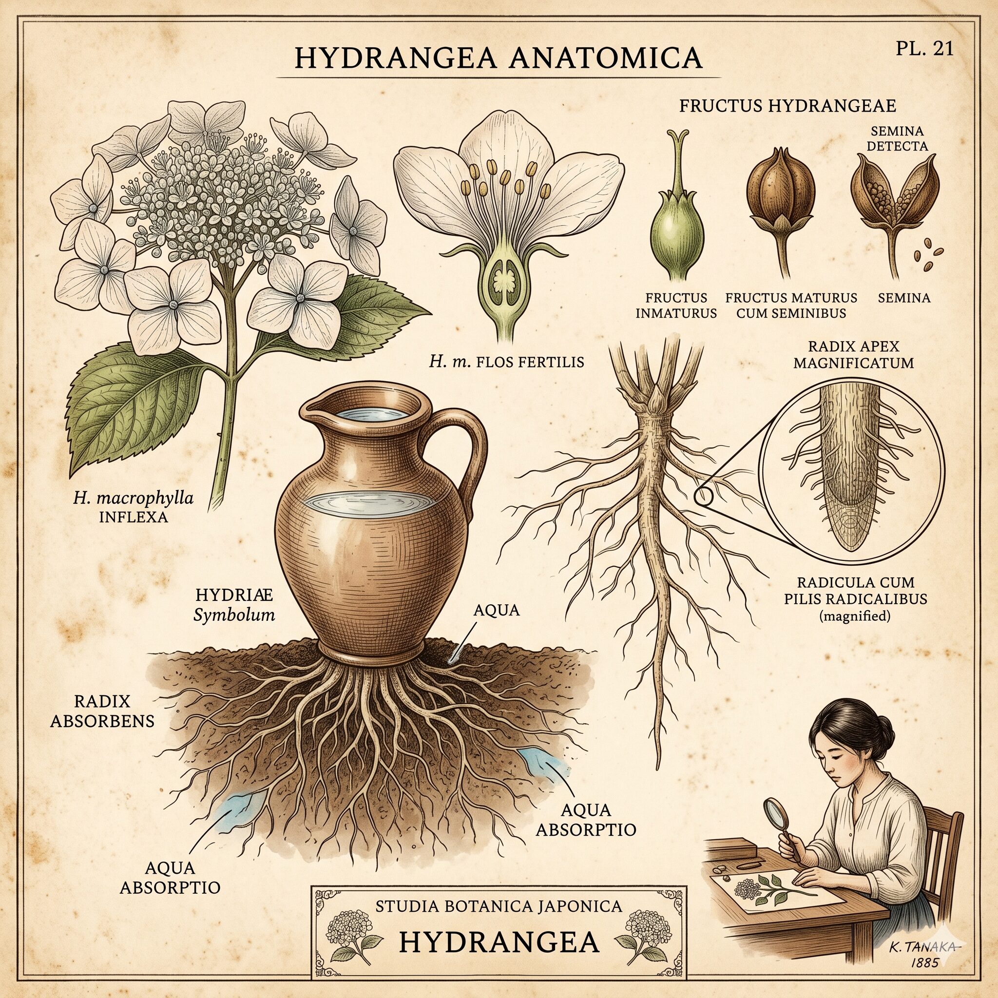 アジサイ属2 アジサイの学名ハイドランジアの由来である水の器をイメージした植物学的な図解