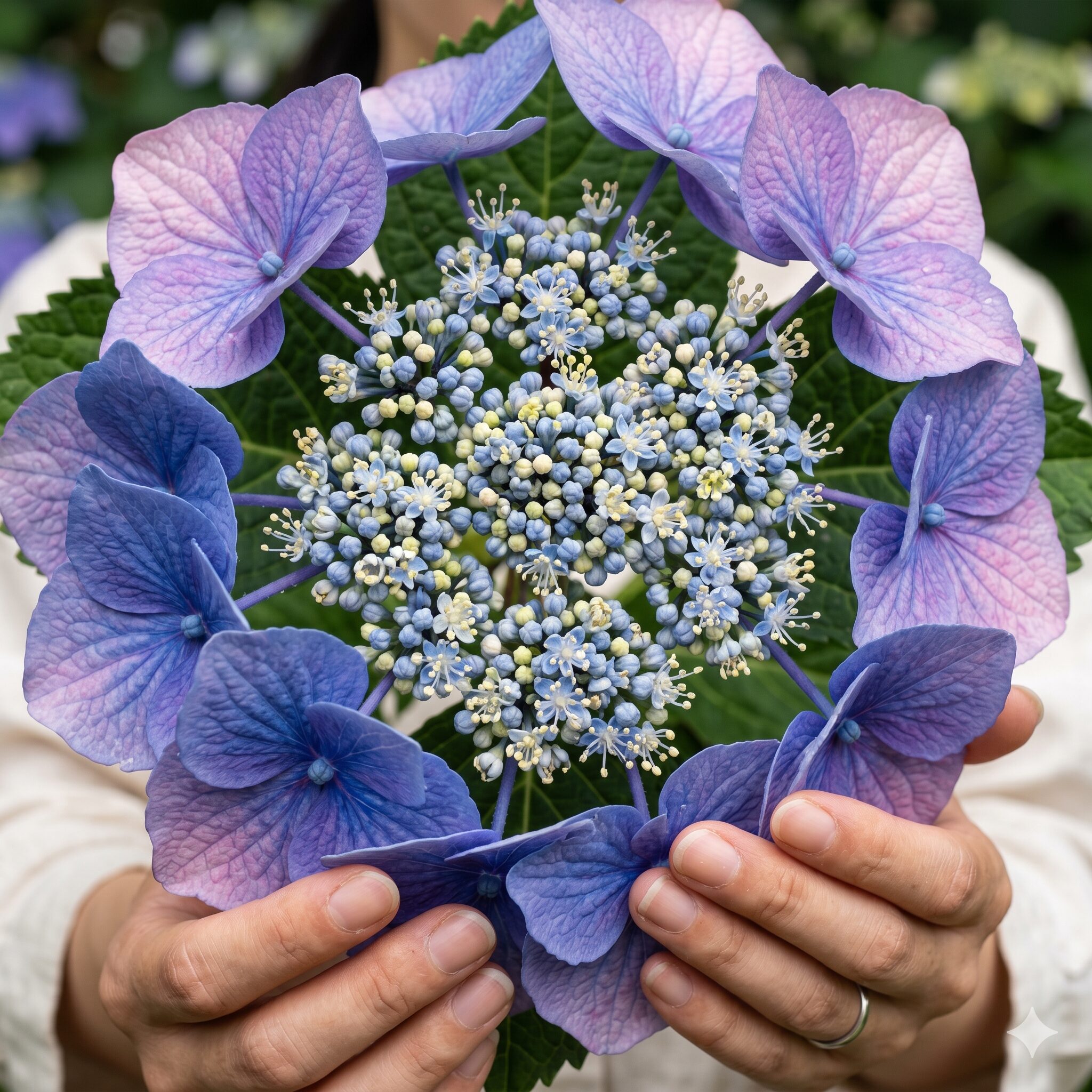 アジサイ属3 アジサイの中心に集まる小さな両性花と周囲を彩る大きな装飾花の拡大写真