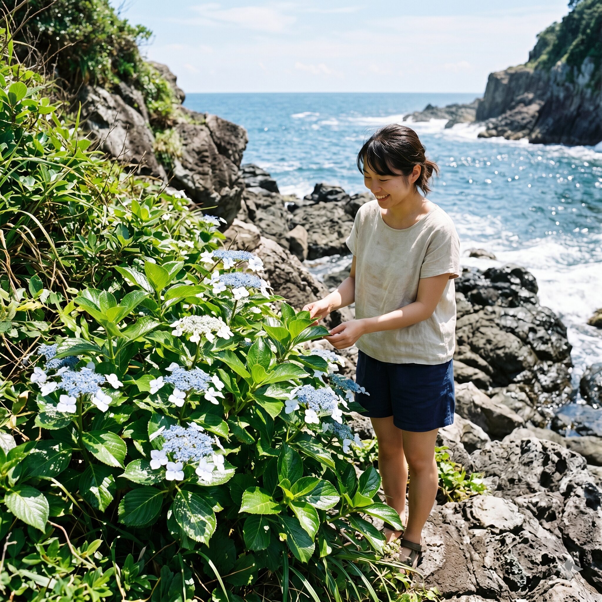 アジサイ属4 海岸近くに自生する光沢のある厚い葉が特徴のガクアジサイ