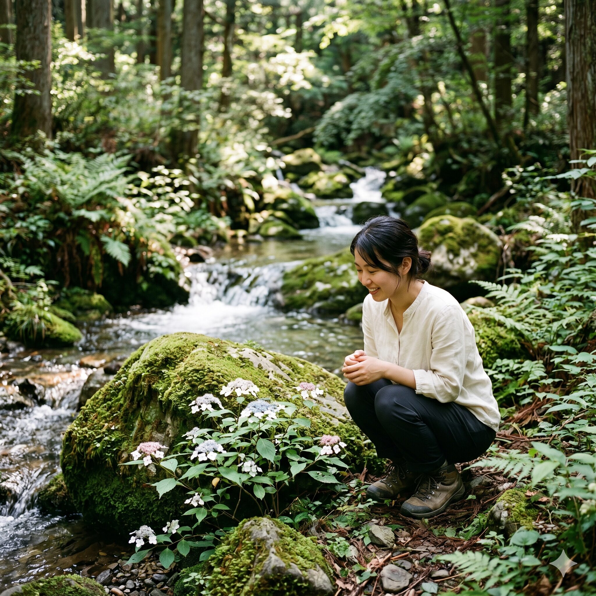 アジサイ属5 山間の沢沿いに咲く繊細で清楚な姿のヤマアジサイ(サワアジサイ)