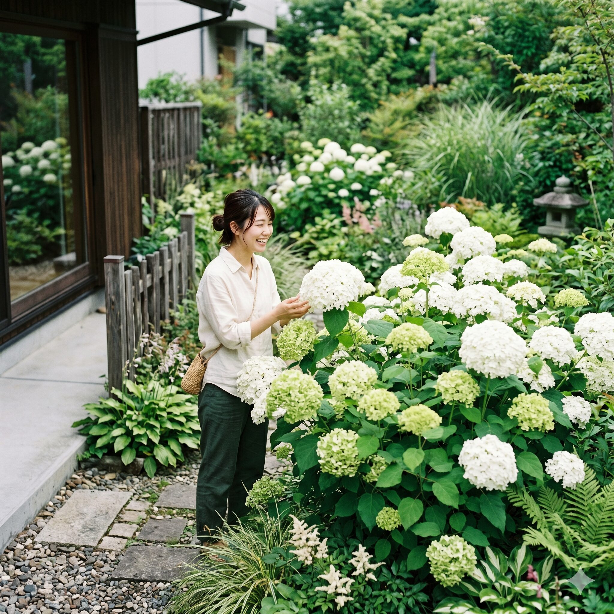 アジサイ属6 お庭を白く彩る大輪のアナベルとライムグリーンのグラデーション