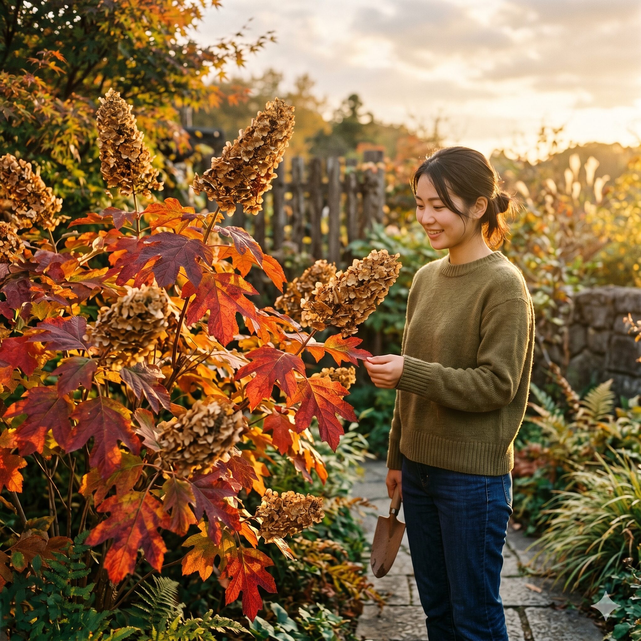 アジサイ属7 秋に深い赤色へ紅葉したカシワバアジサイの葉とピラミッド型の花