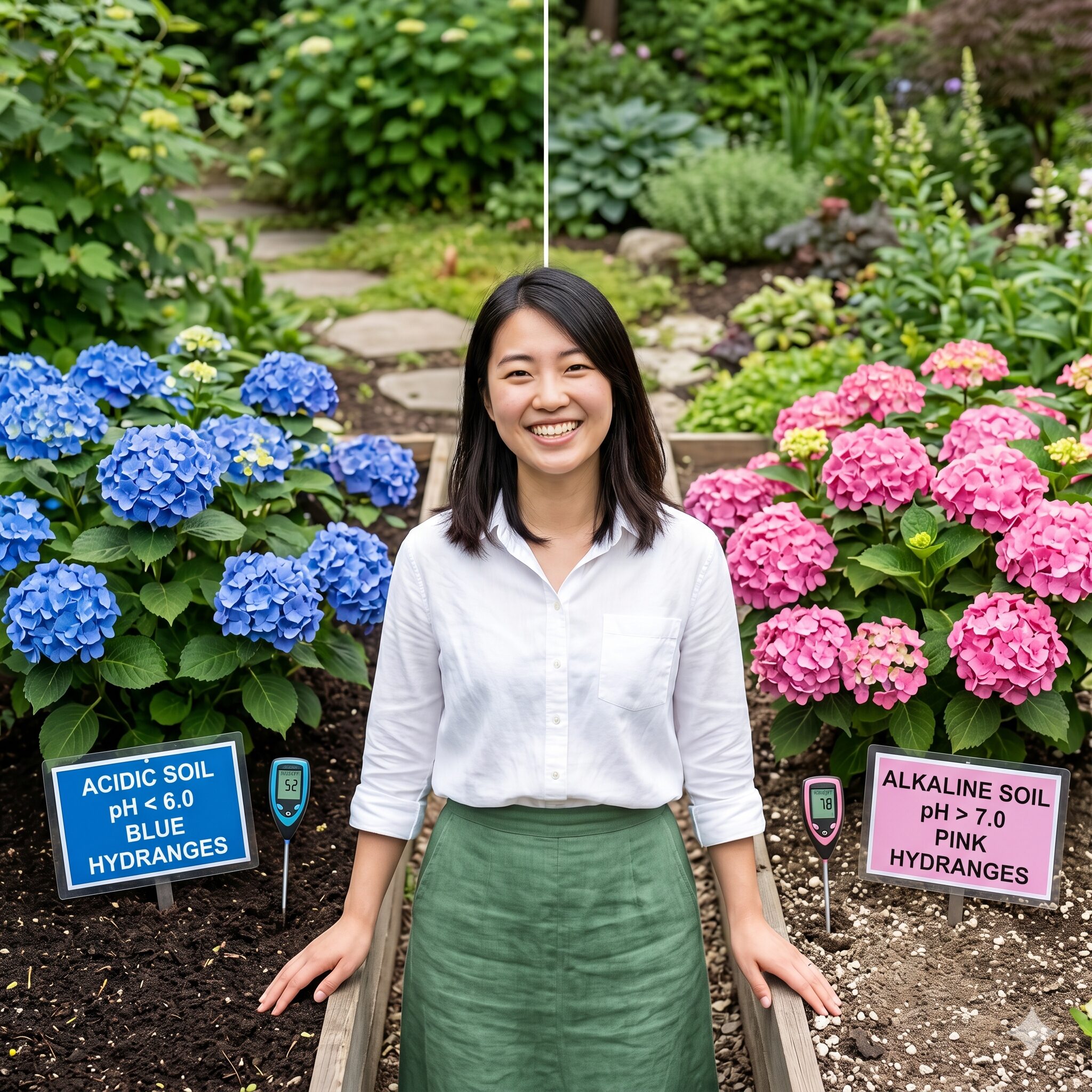 アジサイ属8 土壌の酸性度pHの違いによって青色とピンク色に分かれて咲くアジサイ