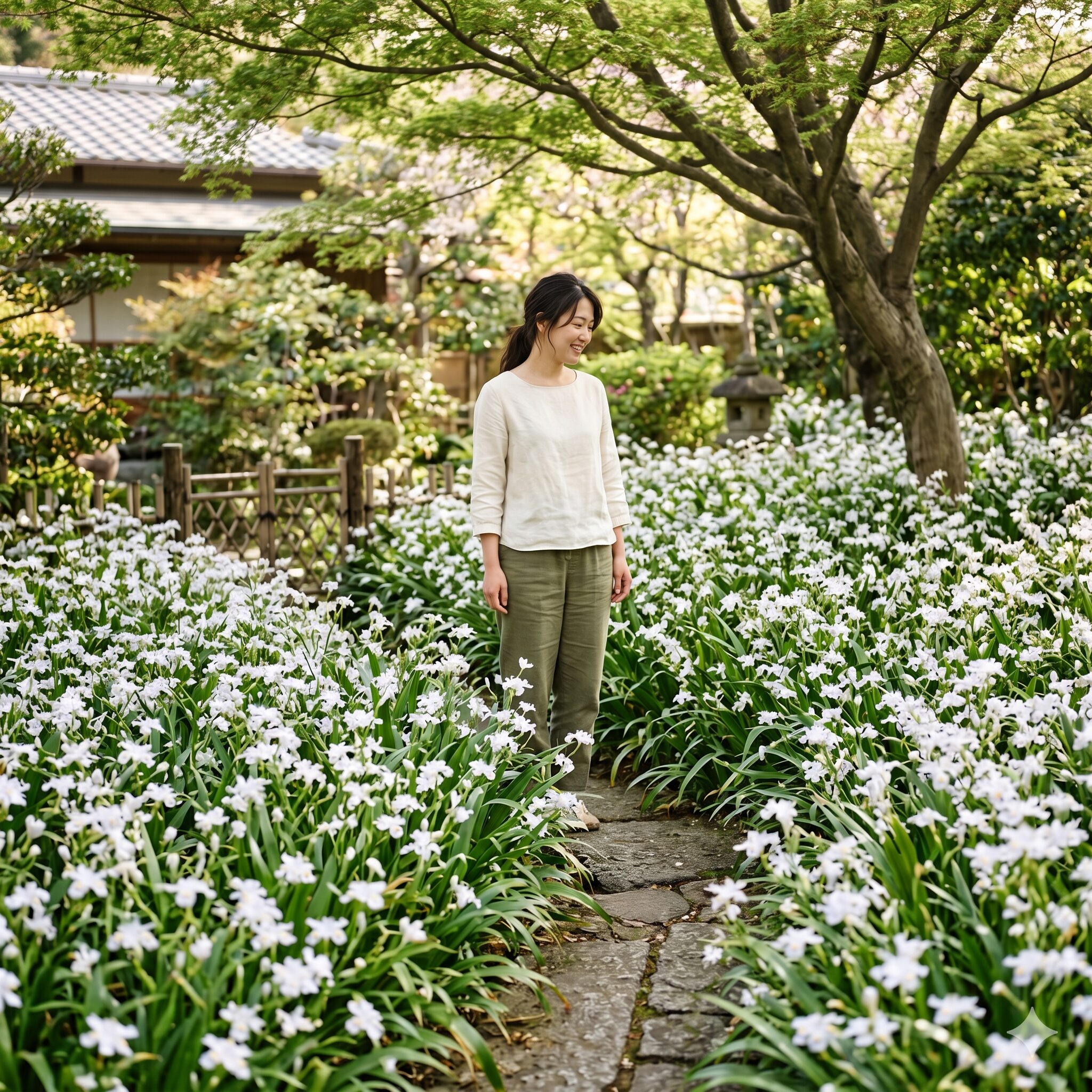 シャガ 増え すぎ1　庭一面に広がり美しくも爆発的に増えすぎたシャガの花と群生の風景