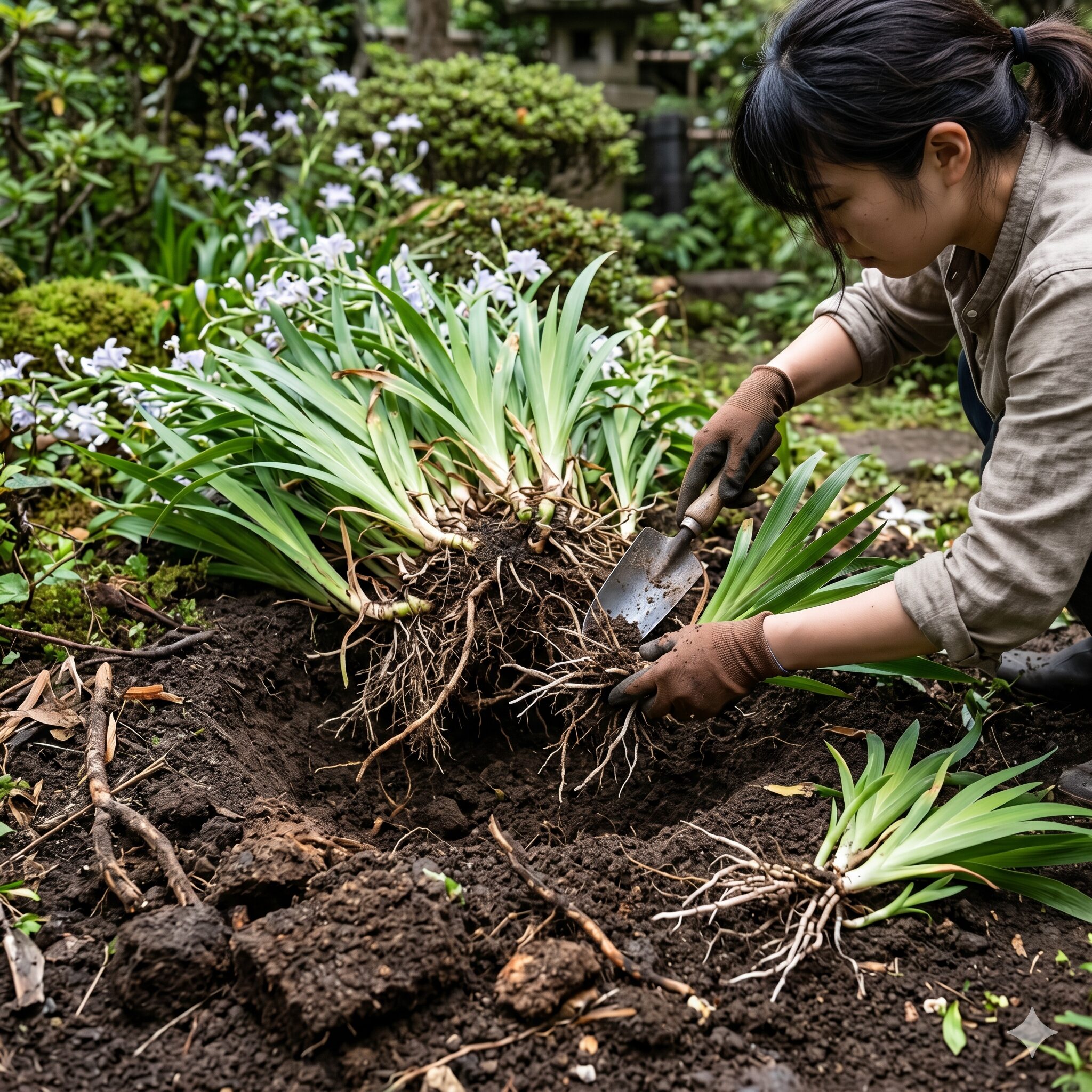 シャガ 増え すぎ10　庭のシャガを掘り起こして適切なサイズに株分けする作業