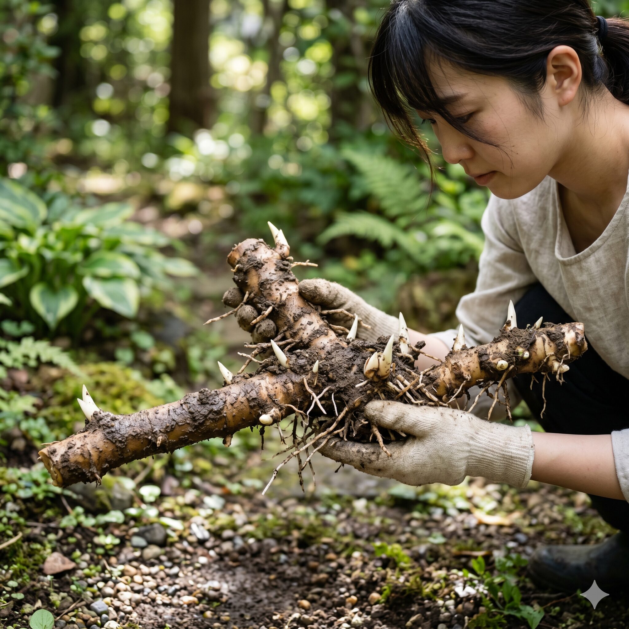 シャガ 増え すぎ2　地面から掘り起こしたシャガの太い地下茎と新しい芽の様子
