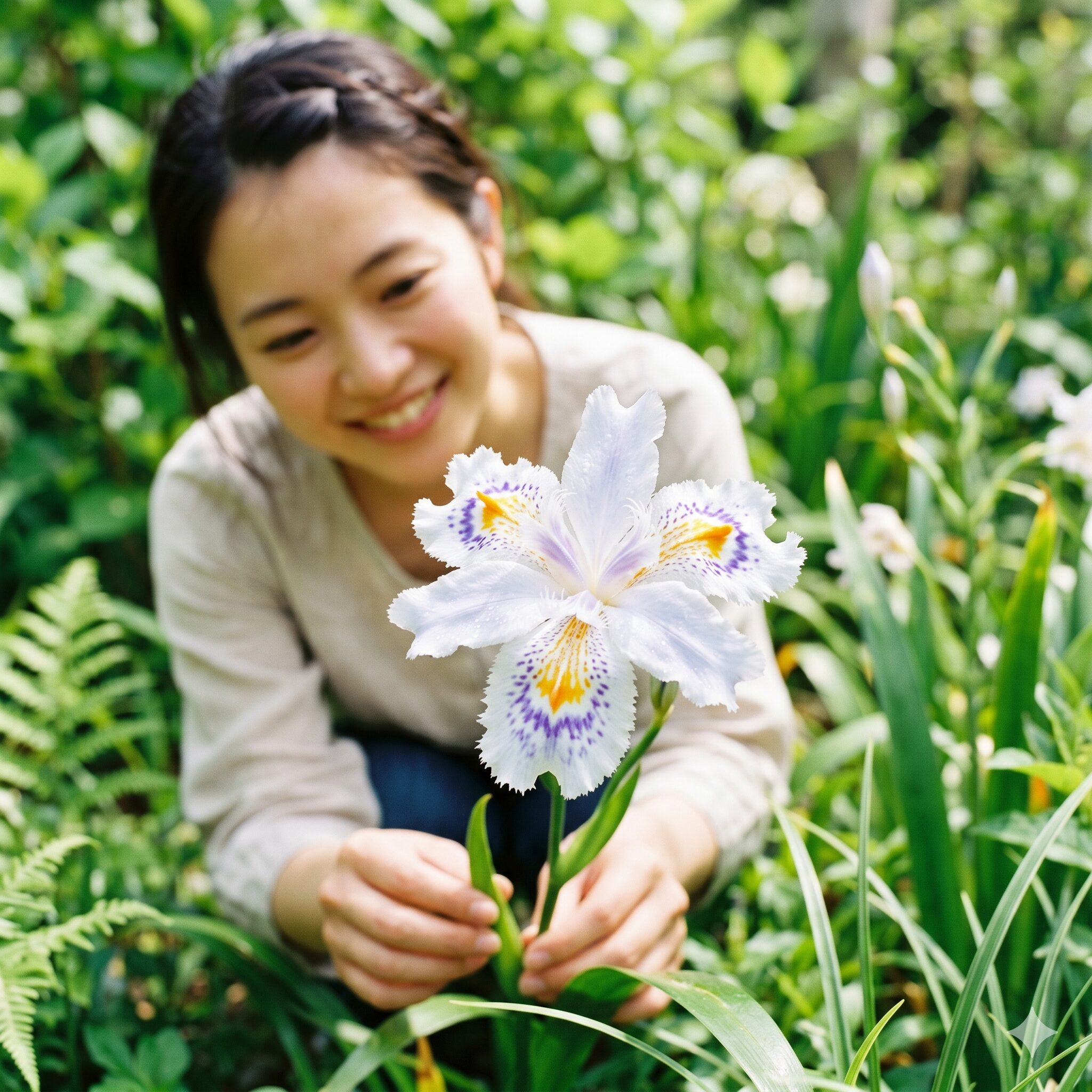 シャガ 増え すぎ3　繊細な紫とオレンジの模様が入ったシャガの花のアップ