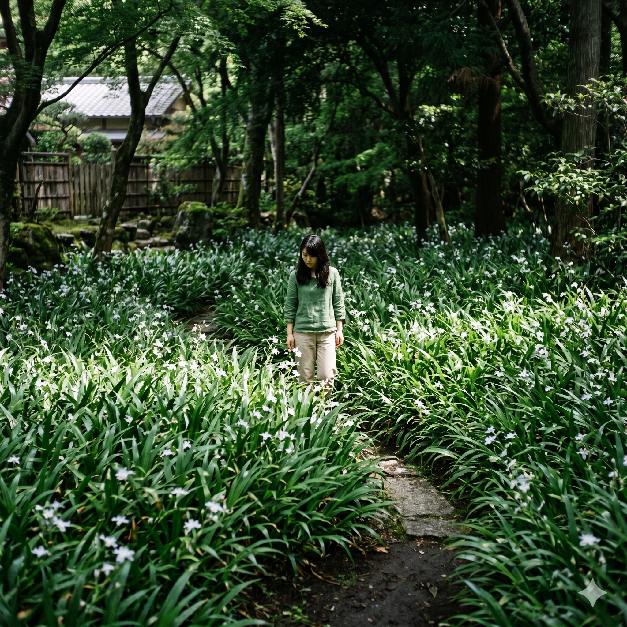 シャガ 増え すぎ4　木陰の庭を埋め尽くすように密集して自生するシャガの群落