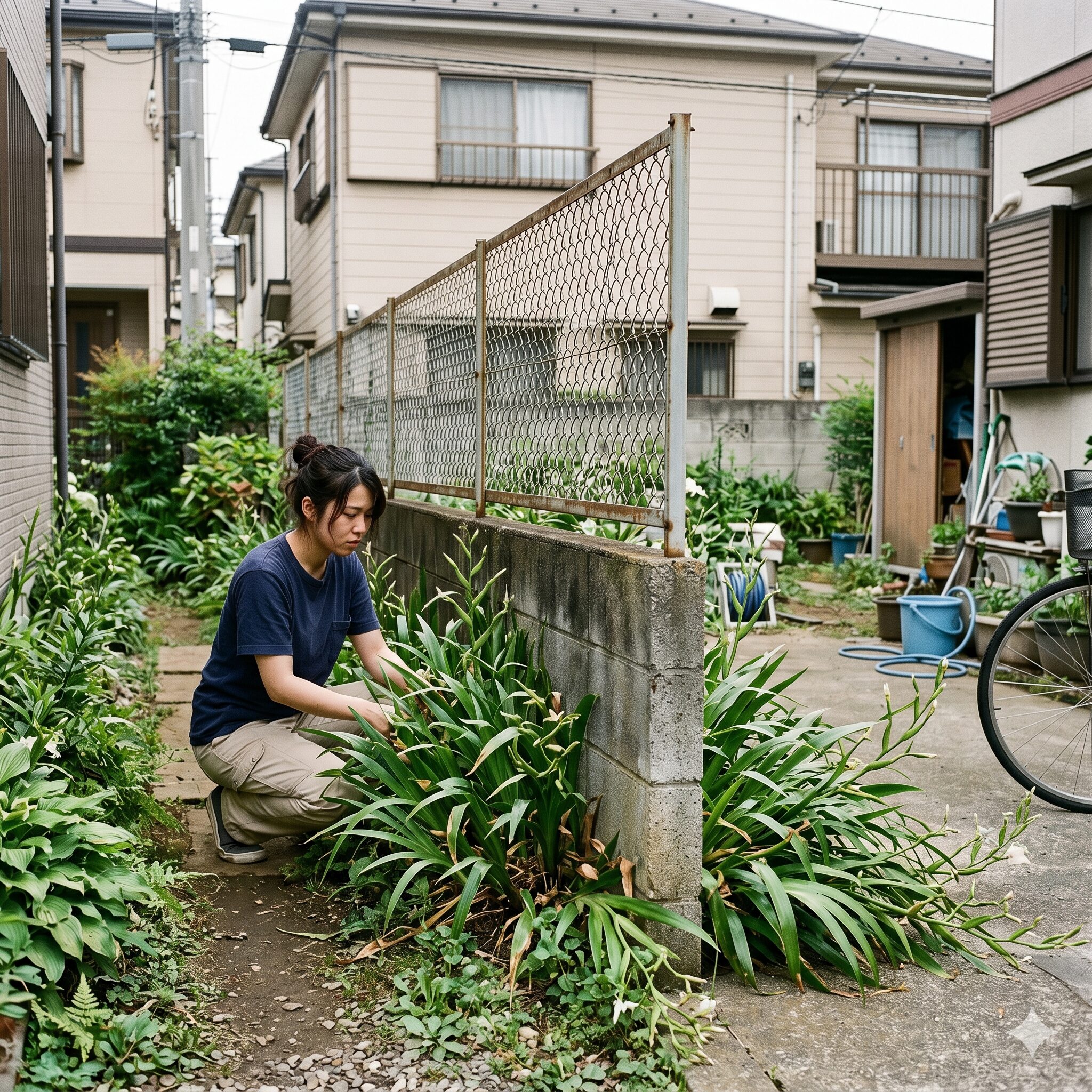 シャガ 増え すぎ5　庭の境界線やフェンス沿いに広がったシャガの様子