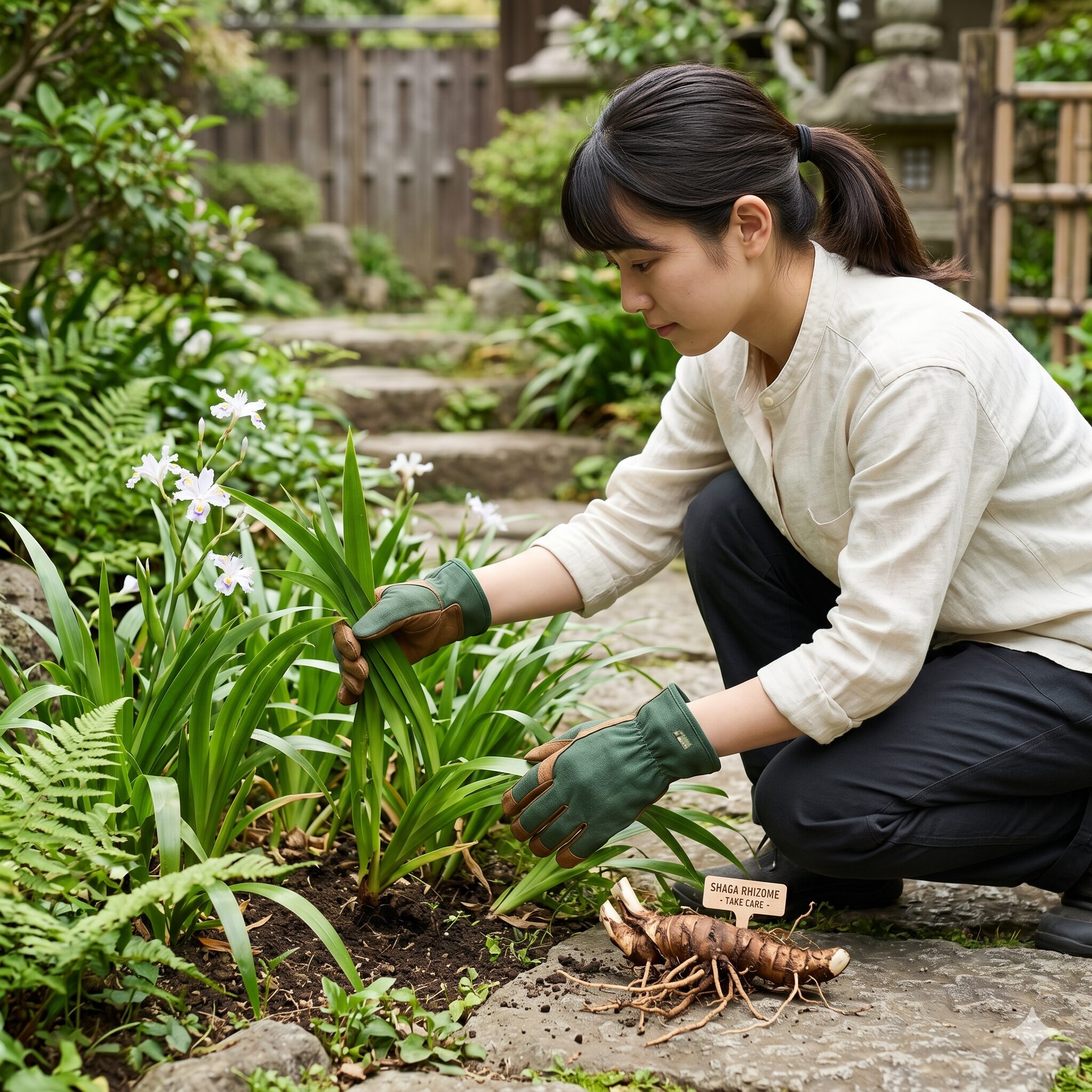 シャガ 増え すぎ6　毒性のあるシャガを安全に扱うためにガーデニング手袋を着用した様子