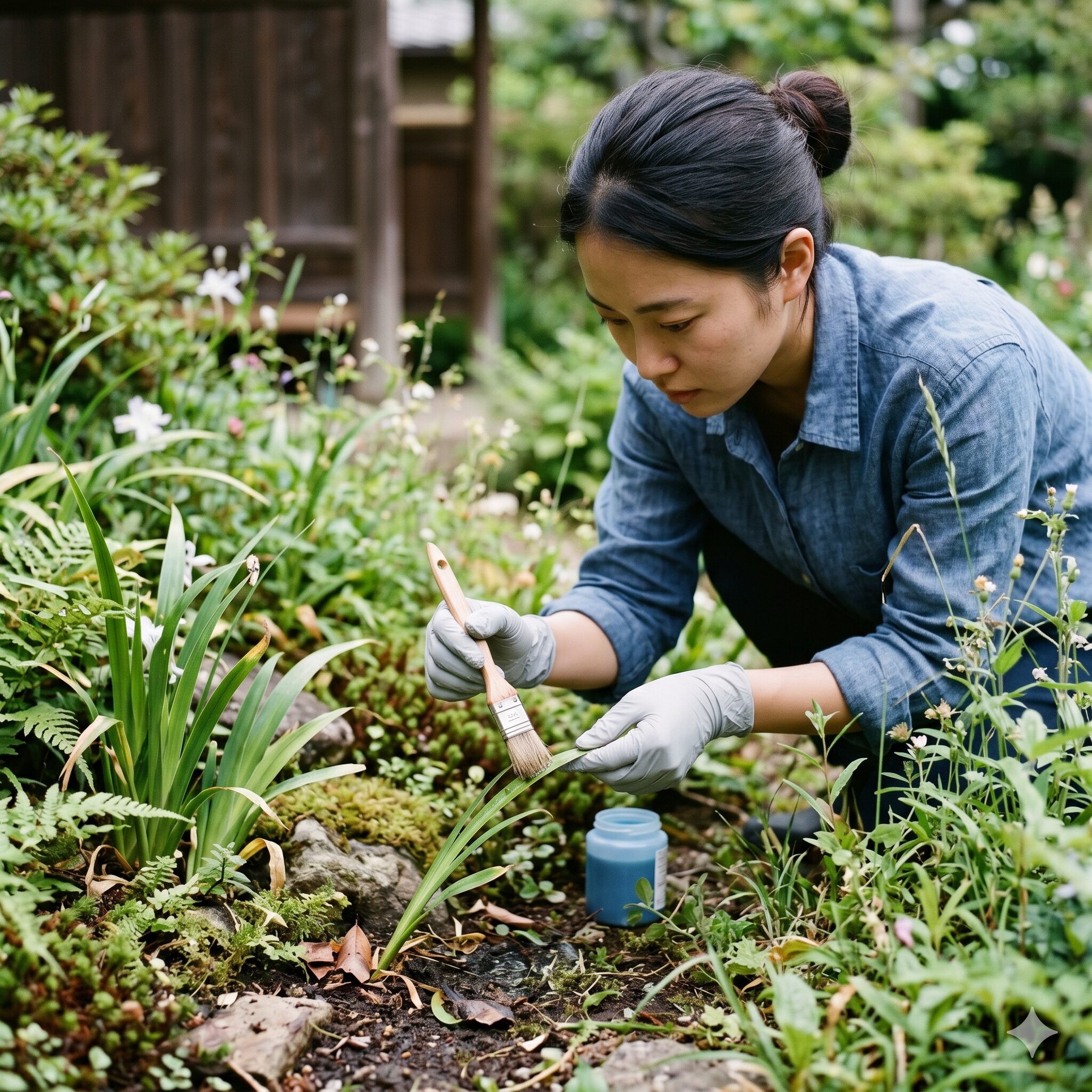 シャガ 増え すぎ7　他の植物を守りながらシャガの葉にハケで除草剤を塗る塗布作業