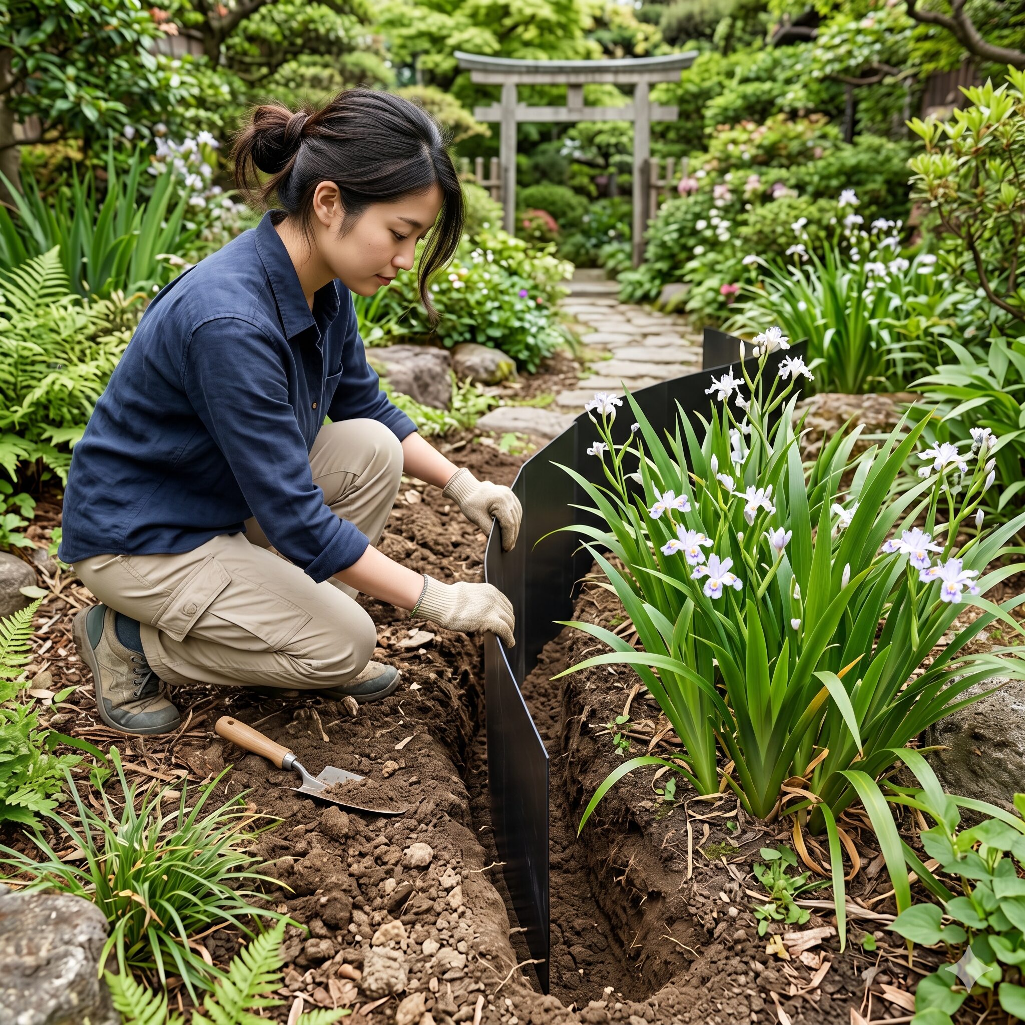 シャガ 増え すぎ8　シャガの増殖を防ぐために地中に埋め込む根止めシートの設置風景