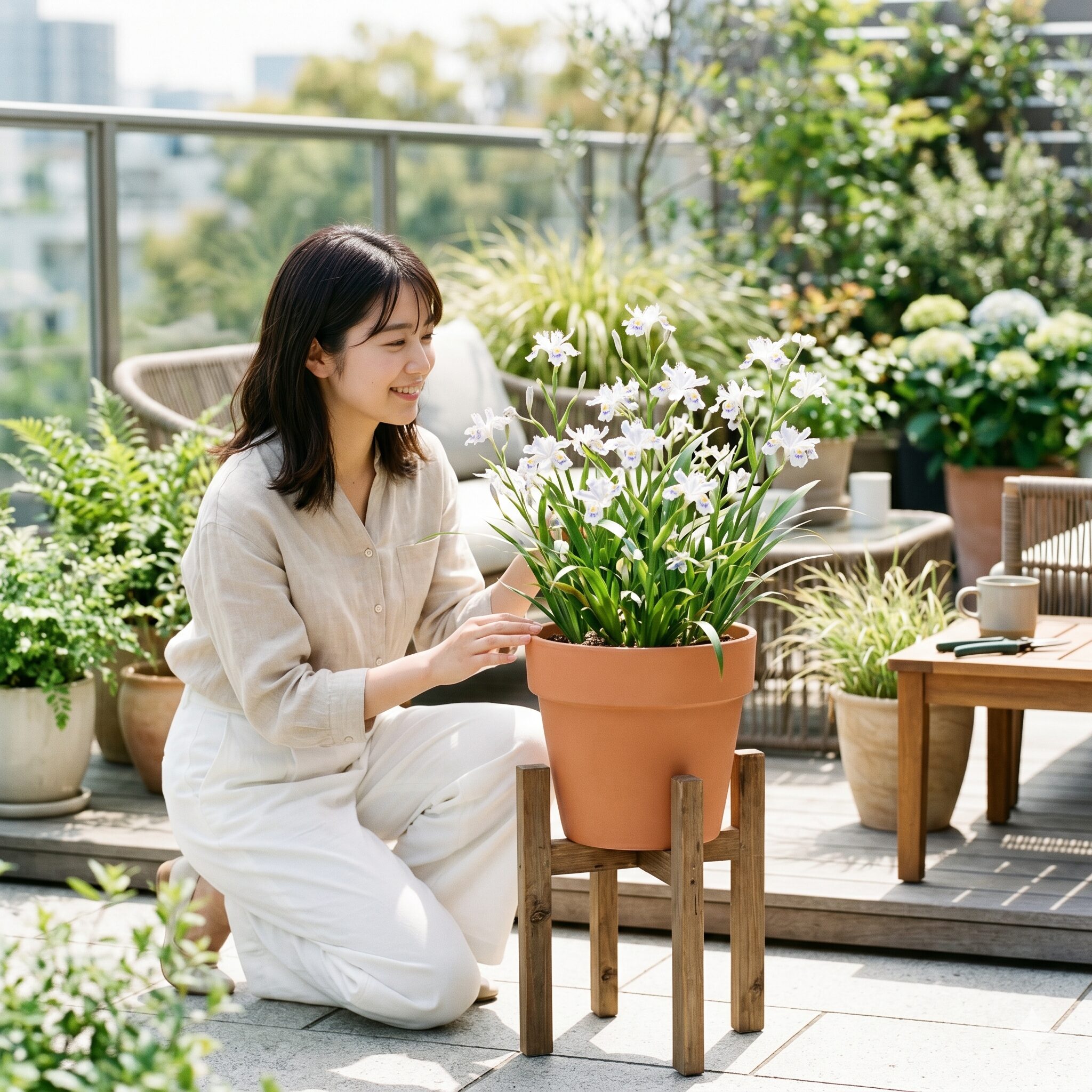 シャガ 増え すぎ9　地面への侵入を防ぐために鉢植えで管理されているシャガ
