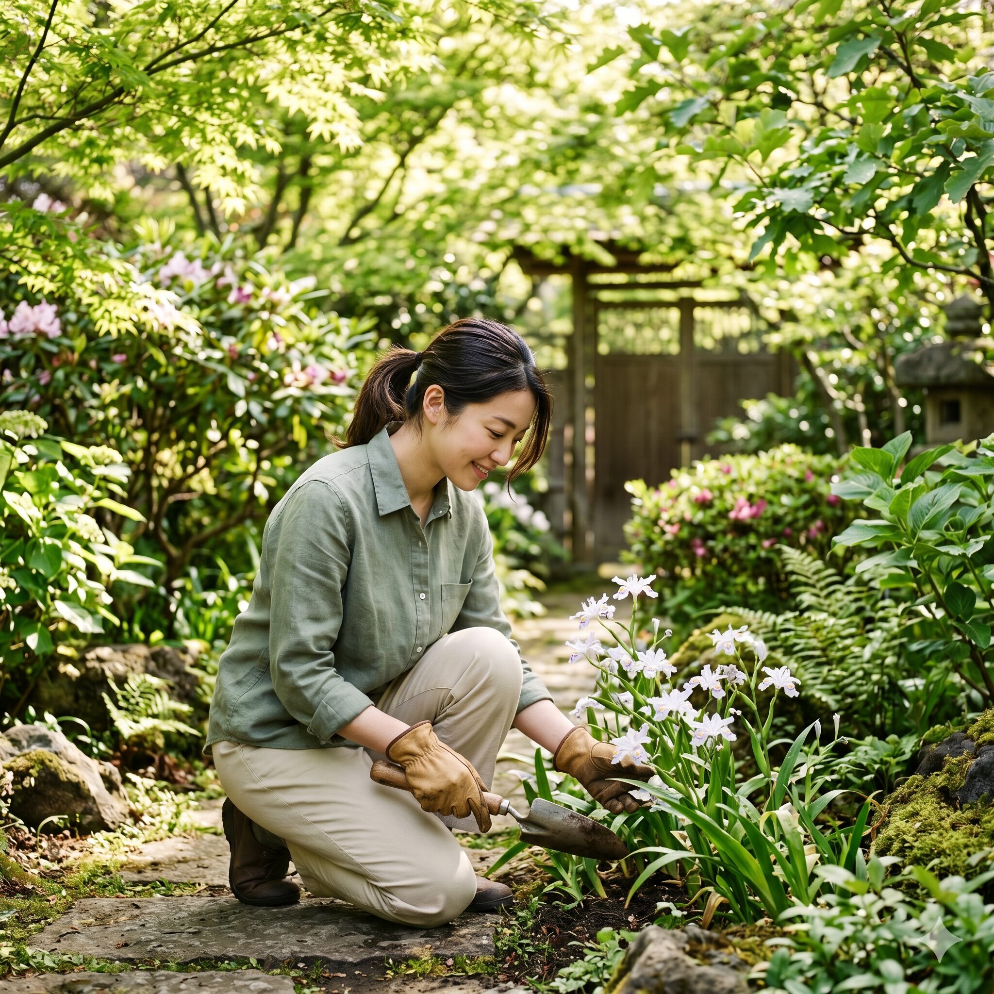 シャガ 開花時期1　春の木漏れ日の中で庭に咲くシャガを鑑賞する日本人女性の様子