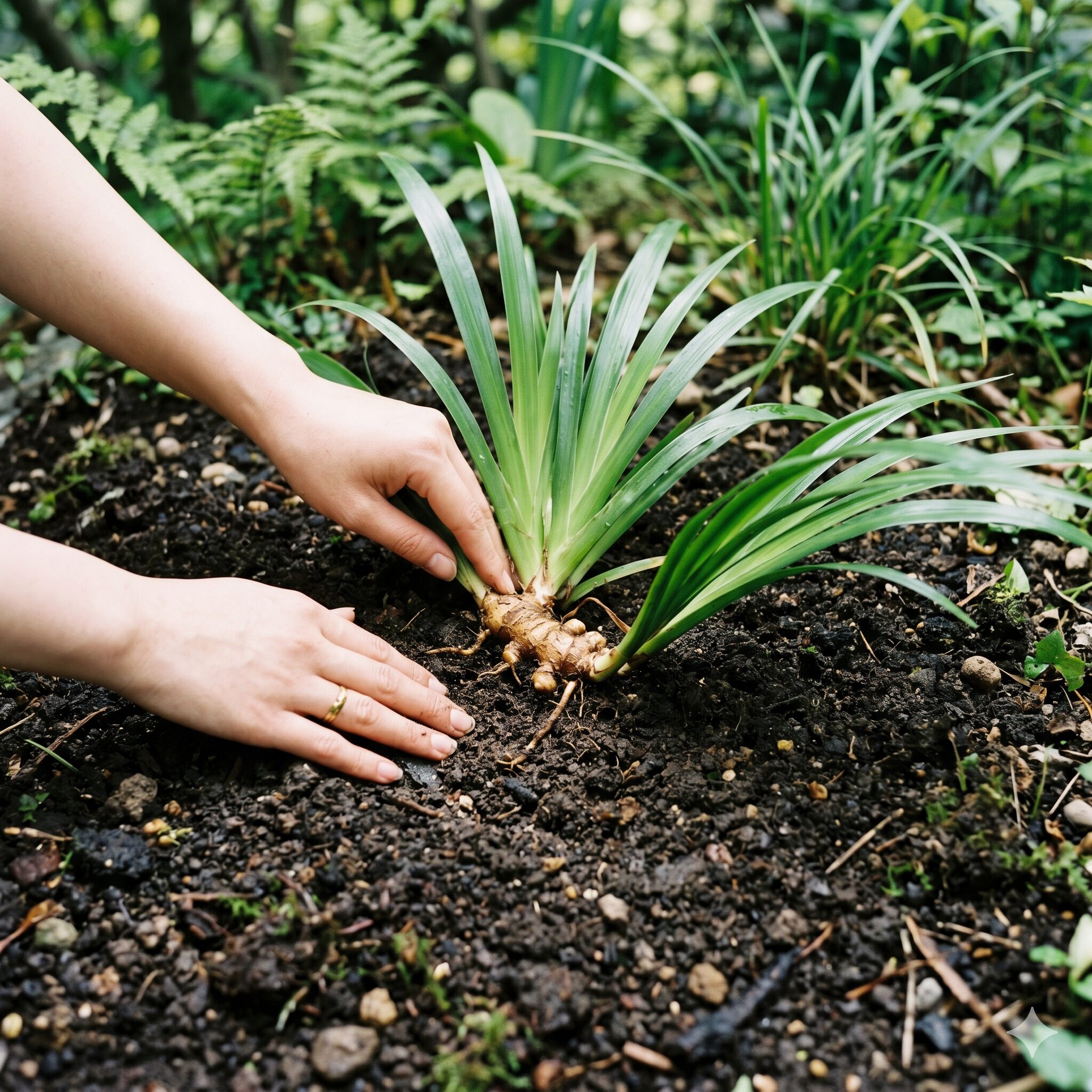 シャガ 開花時期10　シャガを元気に咲かせるための正しい浅植えの植え付け例