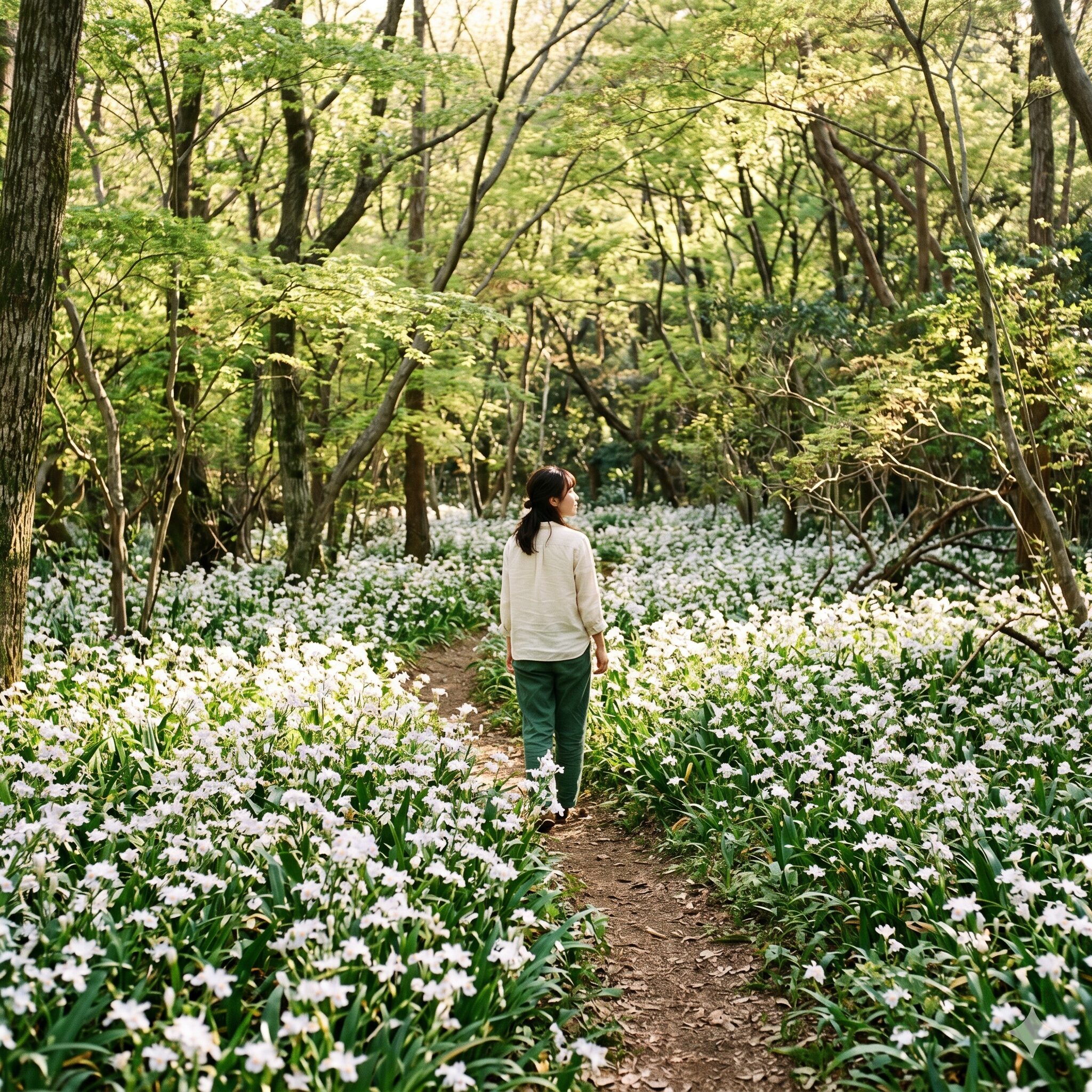 シャガ 開花時期2　4月から5月の見頃時期に日本の森の斜面で満開になったシャガの群生