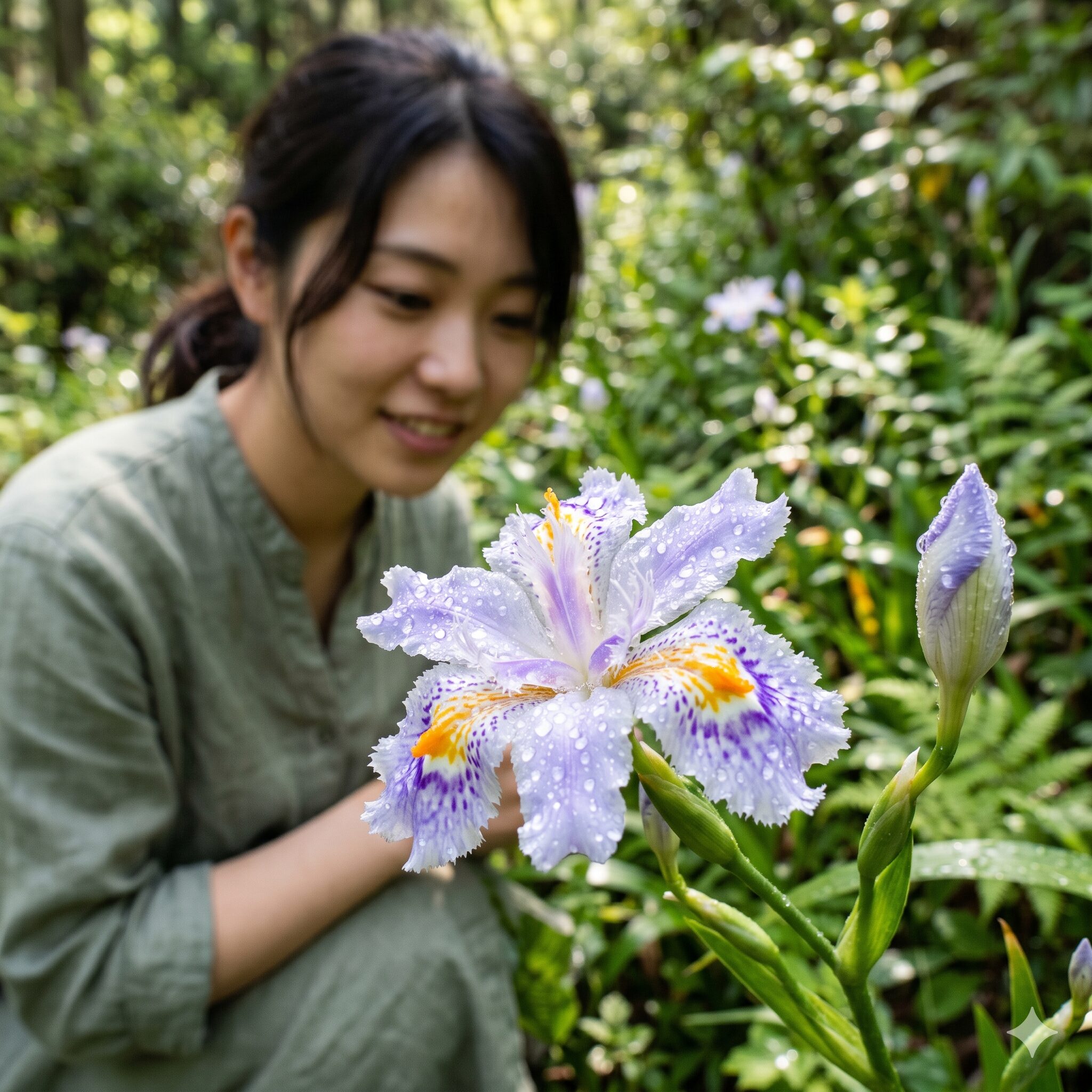 シャガ 開花時期3　朝露に濡れるシャガの一日花と次に出番を待つ蕾のクローズアップ