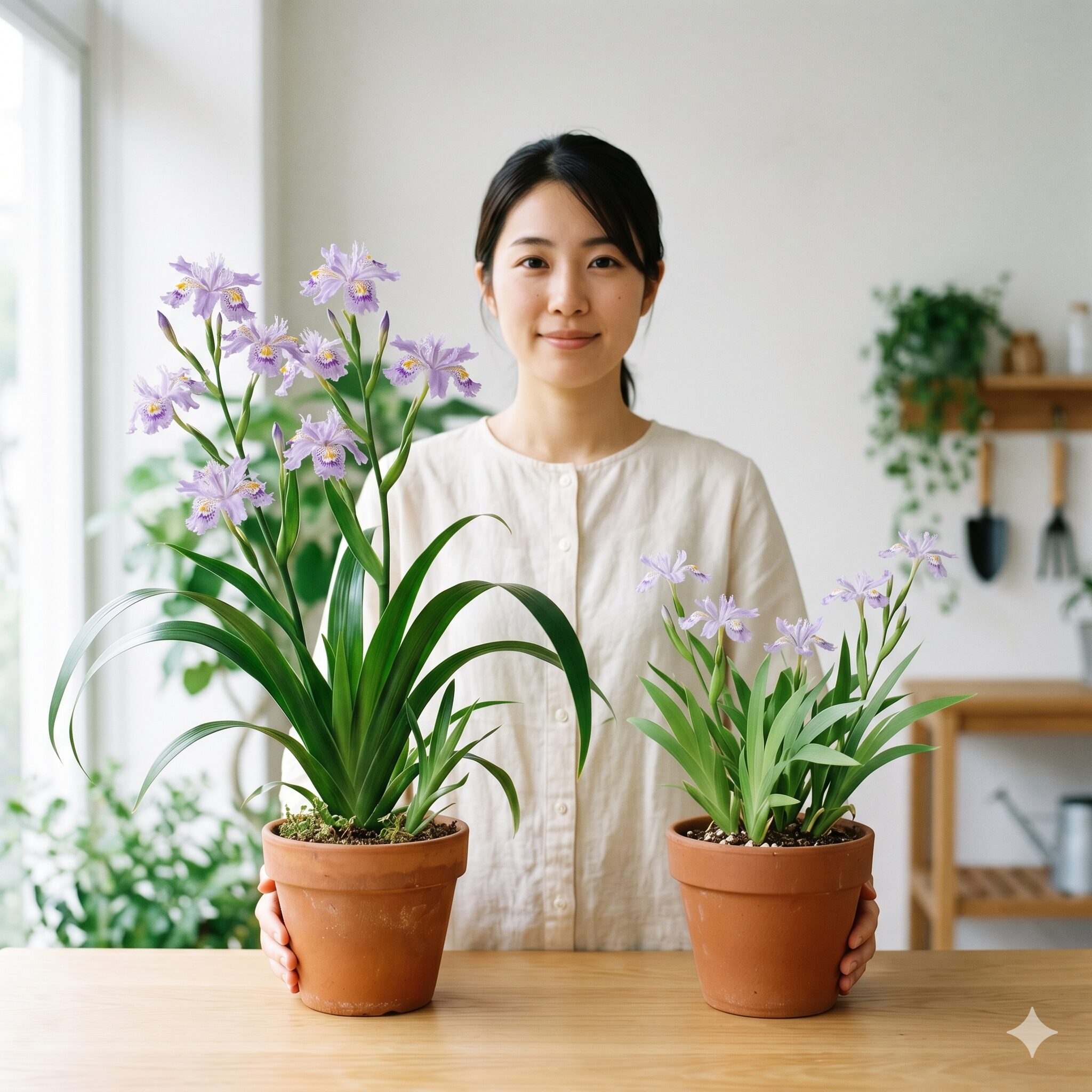 シャガ 開花時期5　常緑のシャガと小型で落葉性のヒメシャガの葉と花の違いを比較