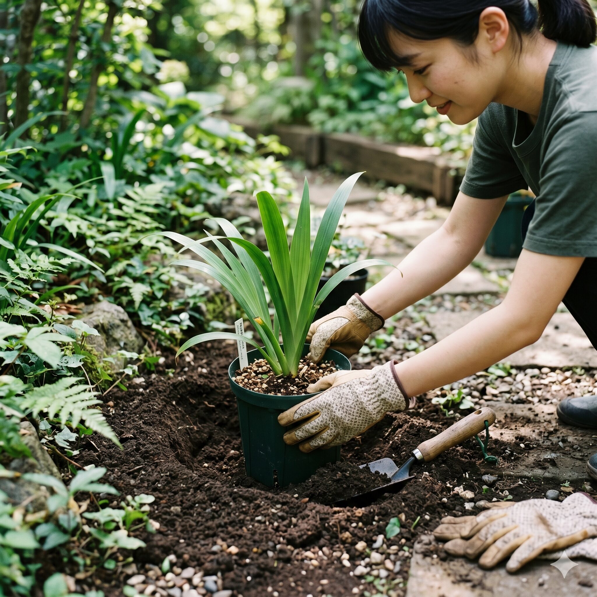 シャガ 開花時期7　シャガの繁殖力をコントロールするために鉢ごと地面に埋める沈め鉢の作業