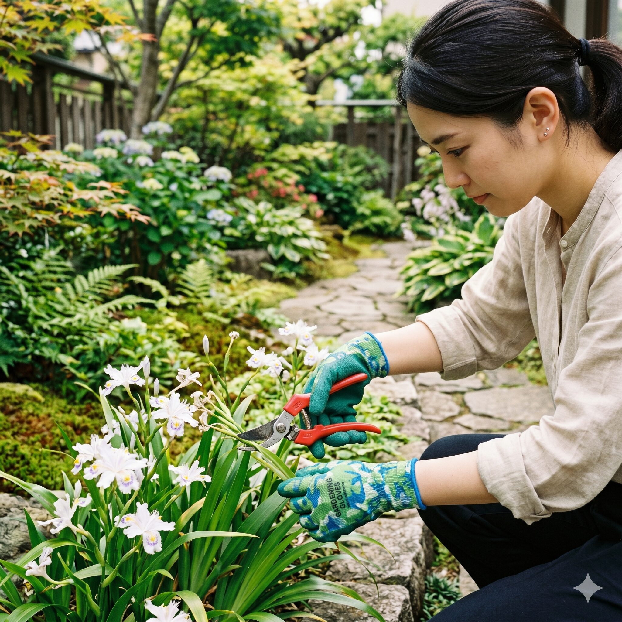 シャガ 開花時期8　シャガの毒性（イリシン）への対策としてゴム手袋を着用して手入れをする様子
