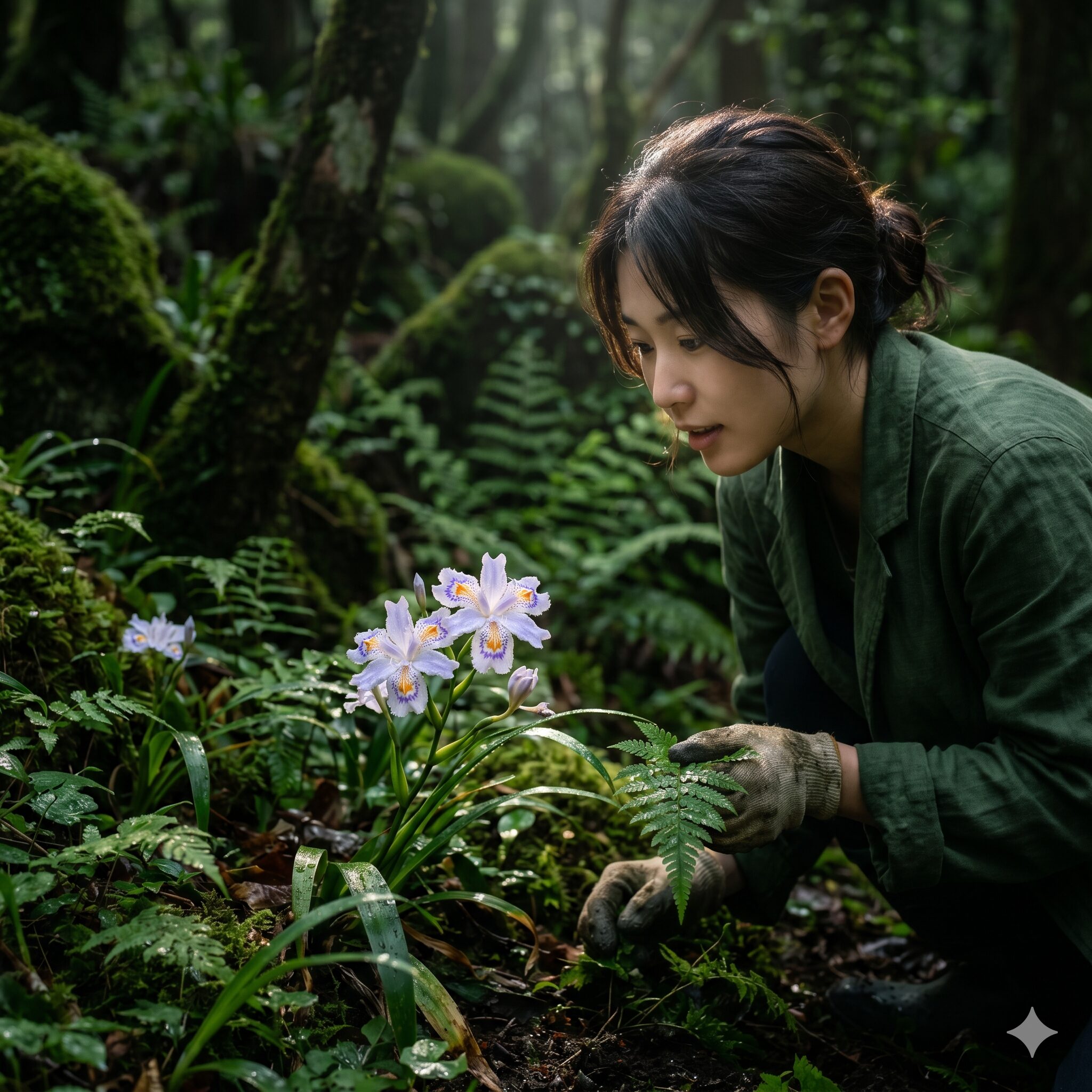 シャガの花に毒されても1　日陰で幻想的な光を浴びて咲くシャガ（著莪）の花のクローズアップ写真