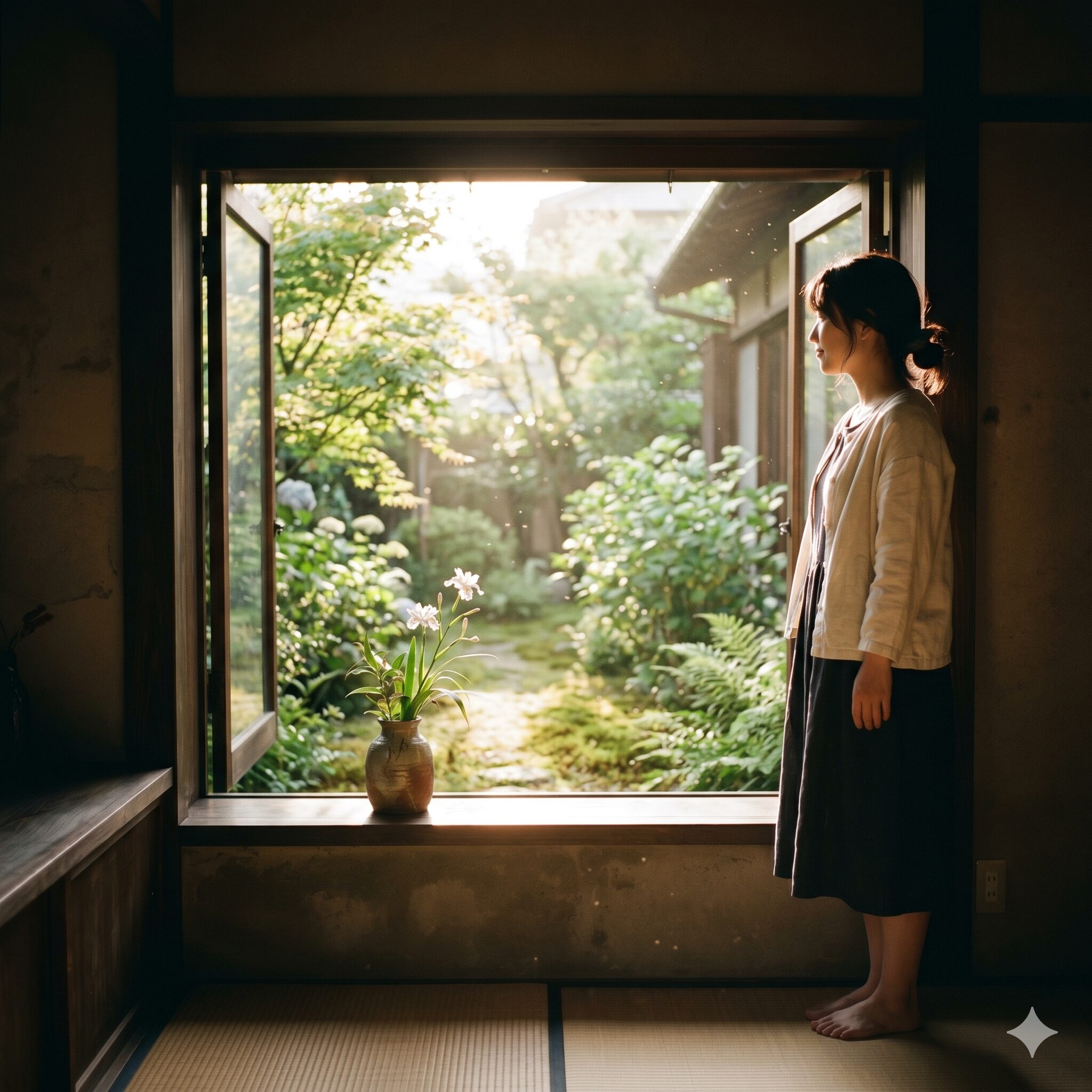 シャガの花に毒されても10　自己肯定と希望を象徴する、朝の光が差し込む窓辺とシャガの一輪挿し