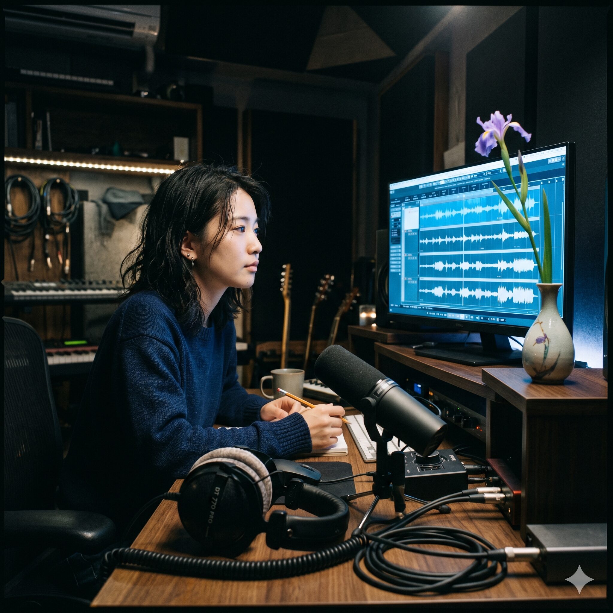 シャガの花に毒されても2　楽曲ザムザの世界観をイメージした、薄暗い音楽制作スタジオとモニターの光