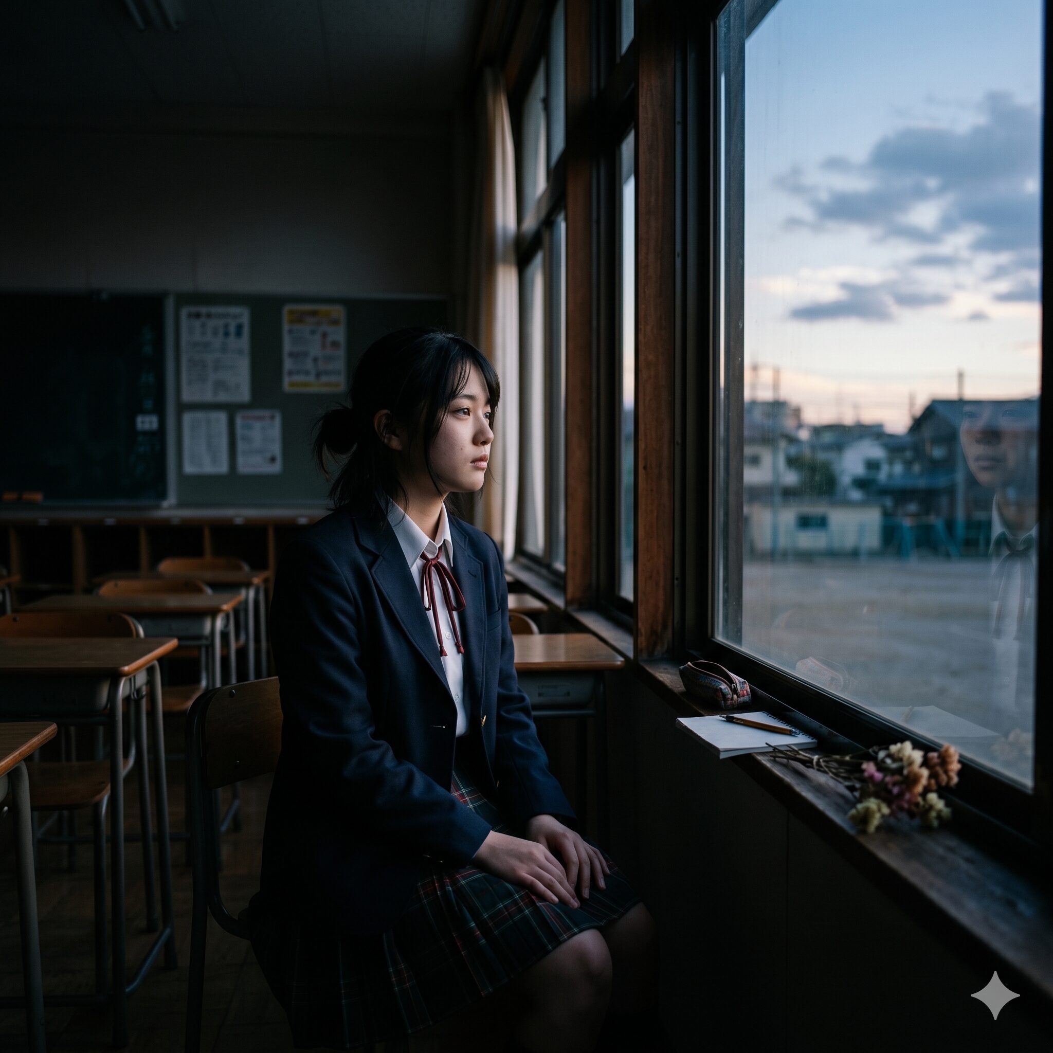 シャガの花に毒されても3　窓際の日陰で虚無感を感じさせる表情を浮かべる日本人の女子高生