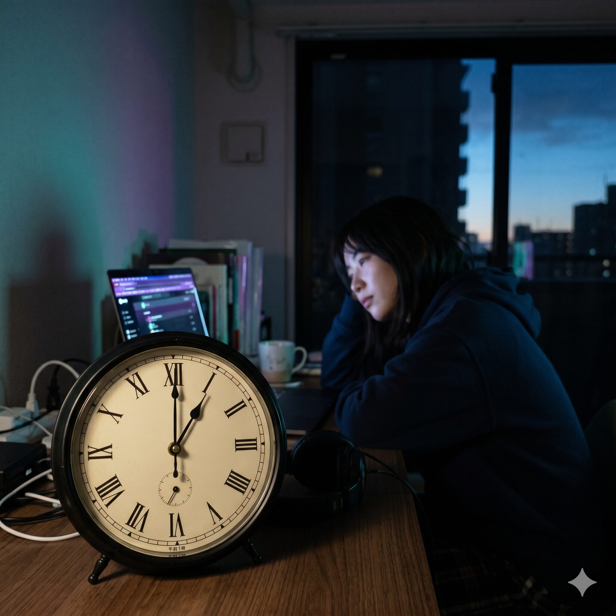 シャガの花に毒されても5　午前1時を指すアナログ時計と、深夜の部屋に差し込む微かな光