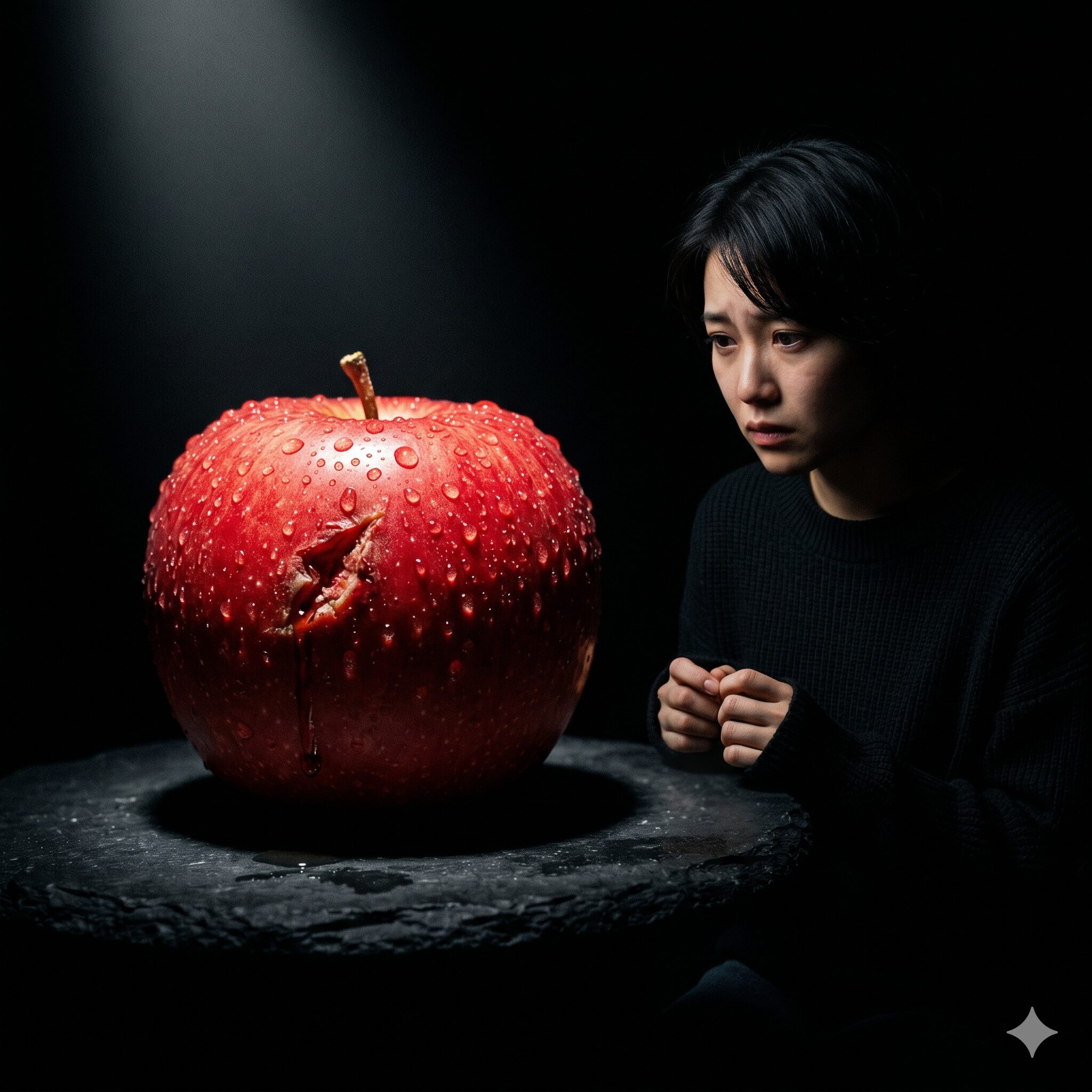 シャガの花に毒されても6　拒絶と痛みのメタファーとして描かれた、傷のある鮮やかな赤いリンゴ