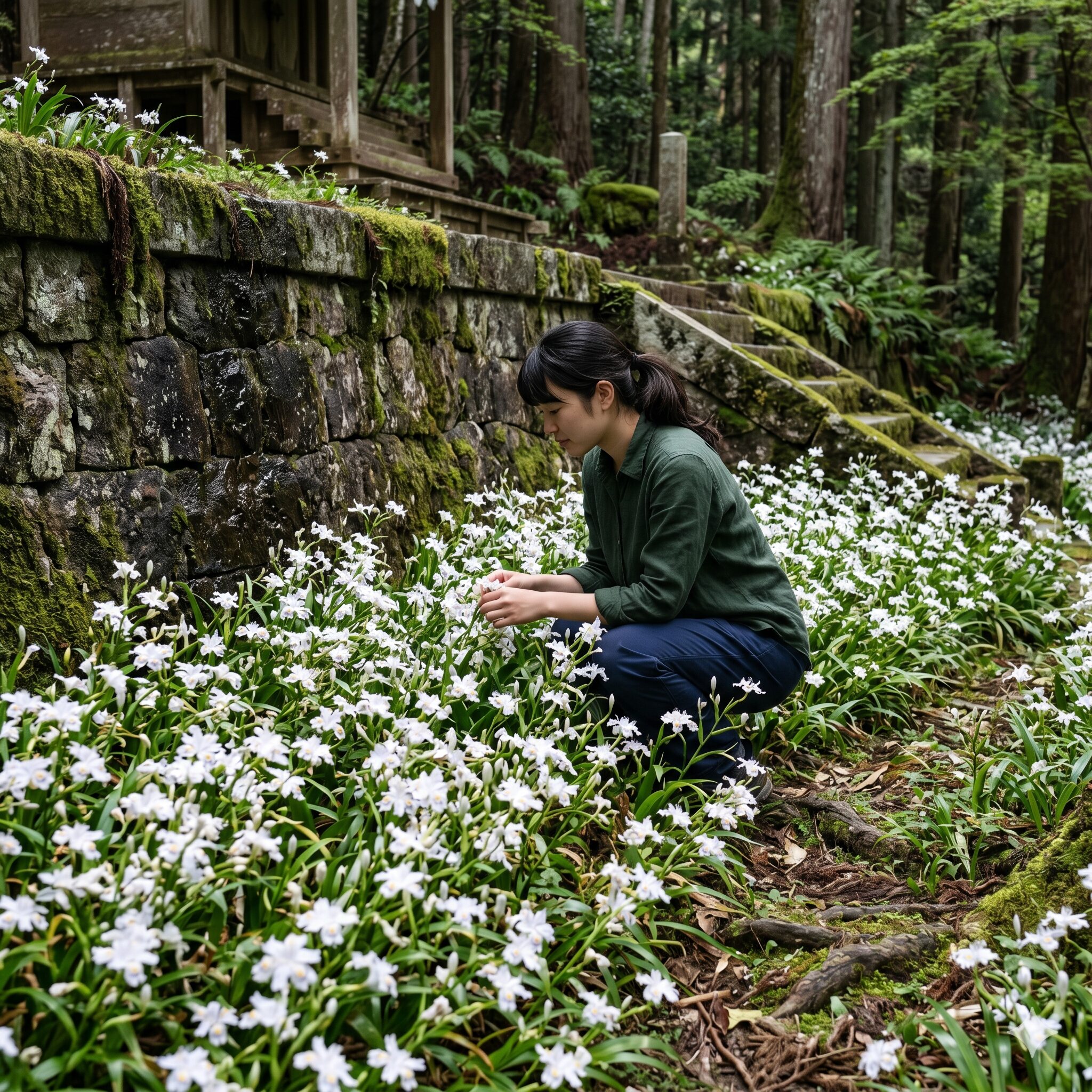 シャガの花に毒されても7　石垣の根元で群生するシャガの花と「友人が多い」を象徴する風景