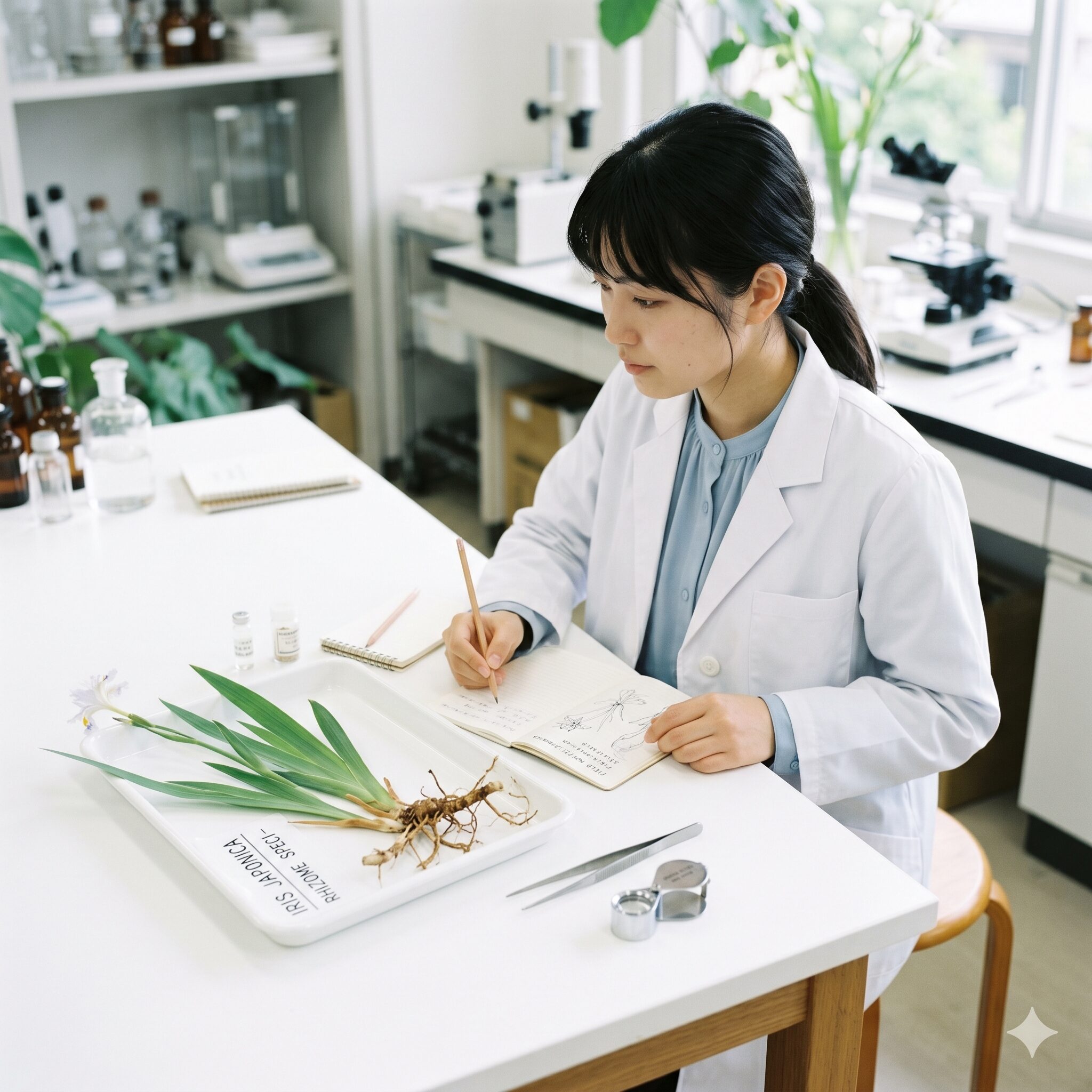 シャガの花に毒されても8　著莪（シャガ）の毒性を調査・分析する様子をイメージした植物学的な写真