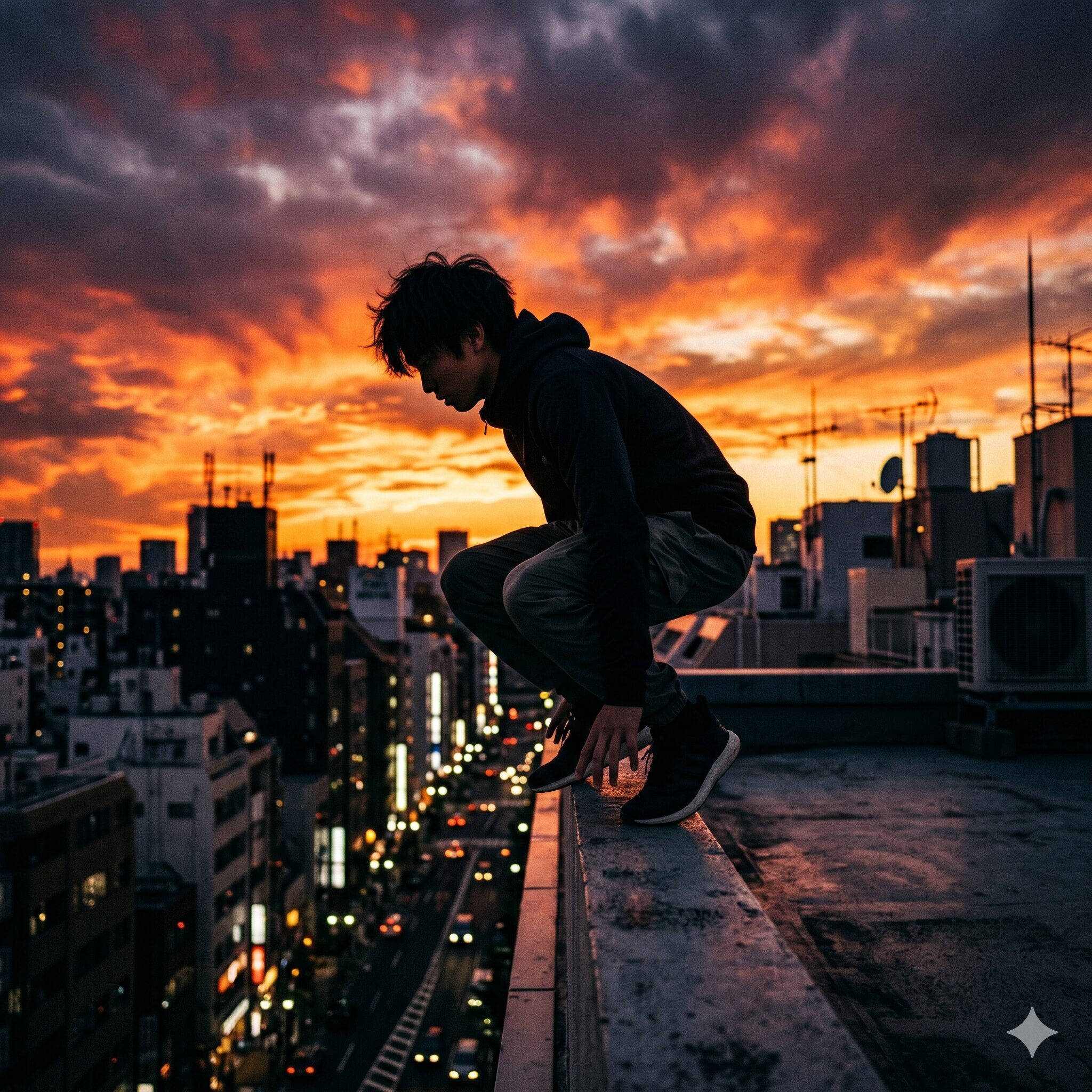 シャガの花に毒されても9　夕焼けを背景にビルの屋上で佇むパルクール奏者の少年のシルエット