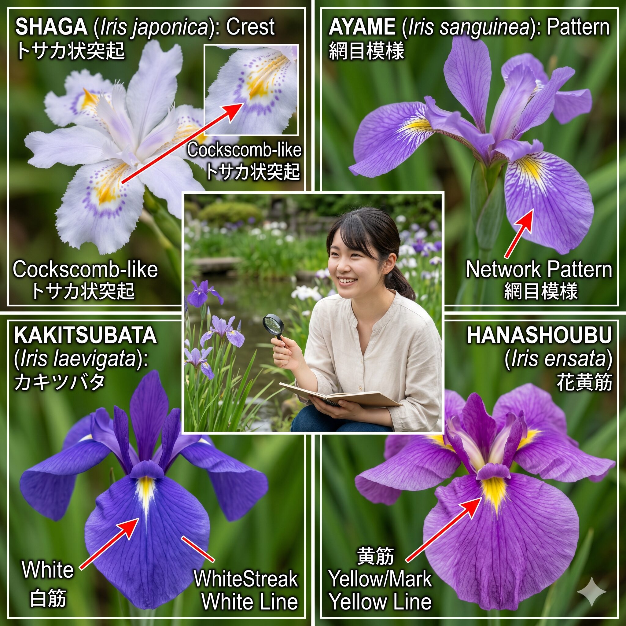 シャガ花言葉10　シャガ、アヤメ、カキツバタ、ハナショウブの花の識別ポイント比較チャート