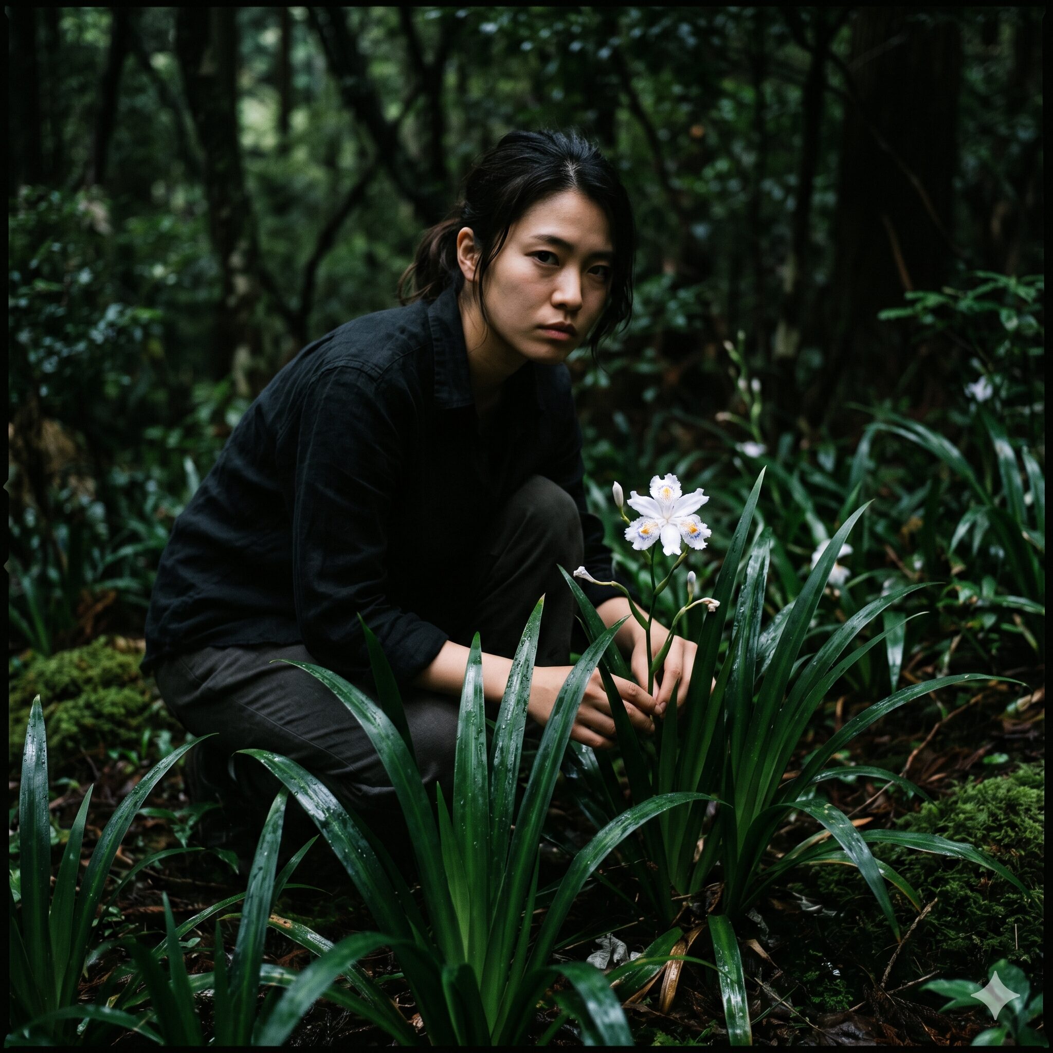 シャガ花言葉2　日陰で鋭い葉を茂らせ凛と咲くシャガ、反抗と抵抗の象徴