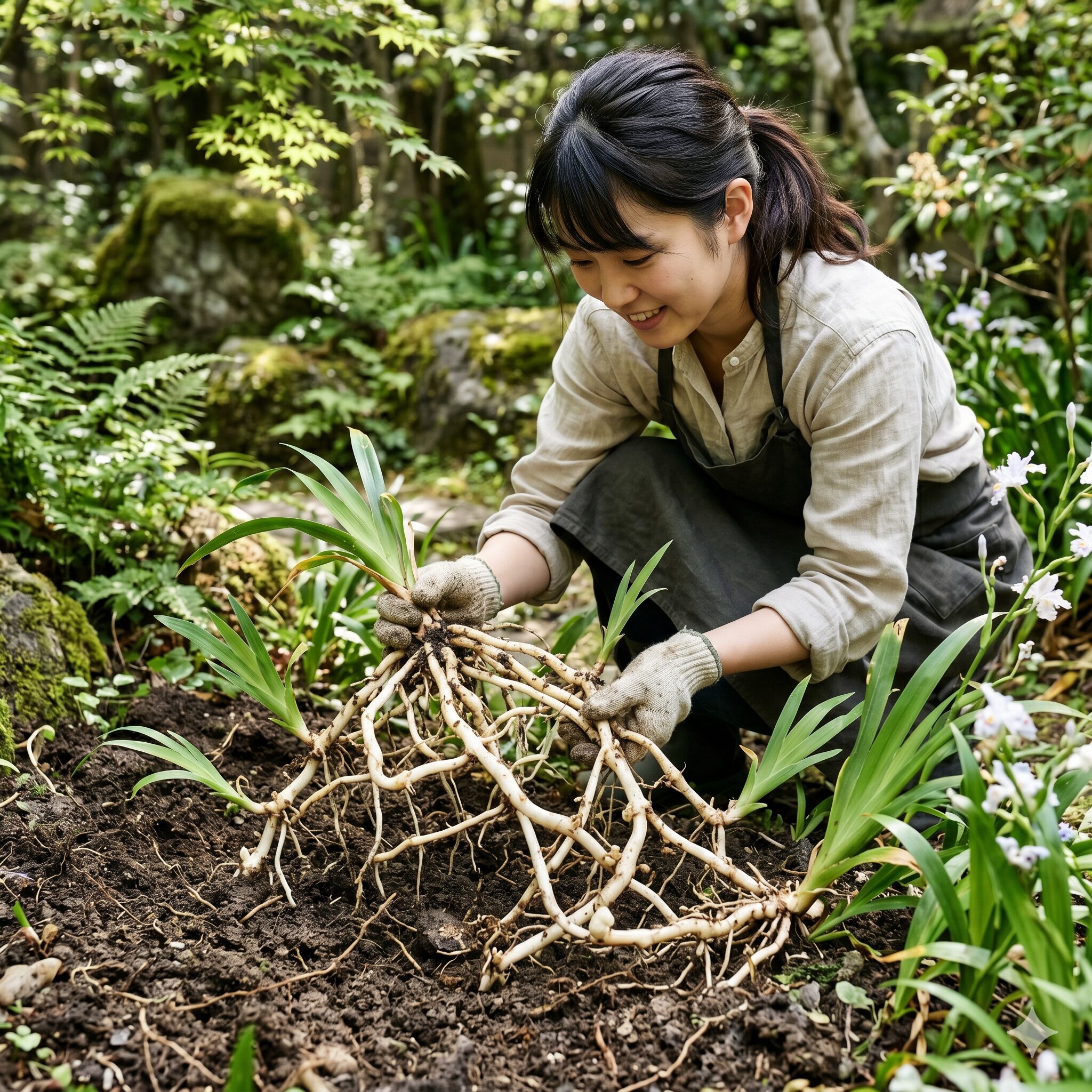 シャガ花言葉3　土の中で縦横無尽に広がるシャガの地下茎、友人が多いの由来
