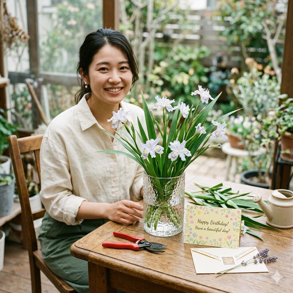 シャガ花言葉5　ガラスの花瓶に生けられたシャガの切り花とメッセージカード、誕生花の贈り物