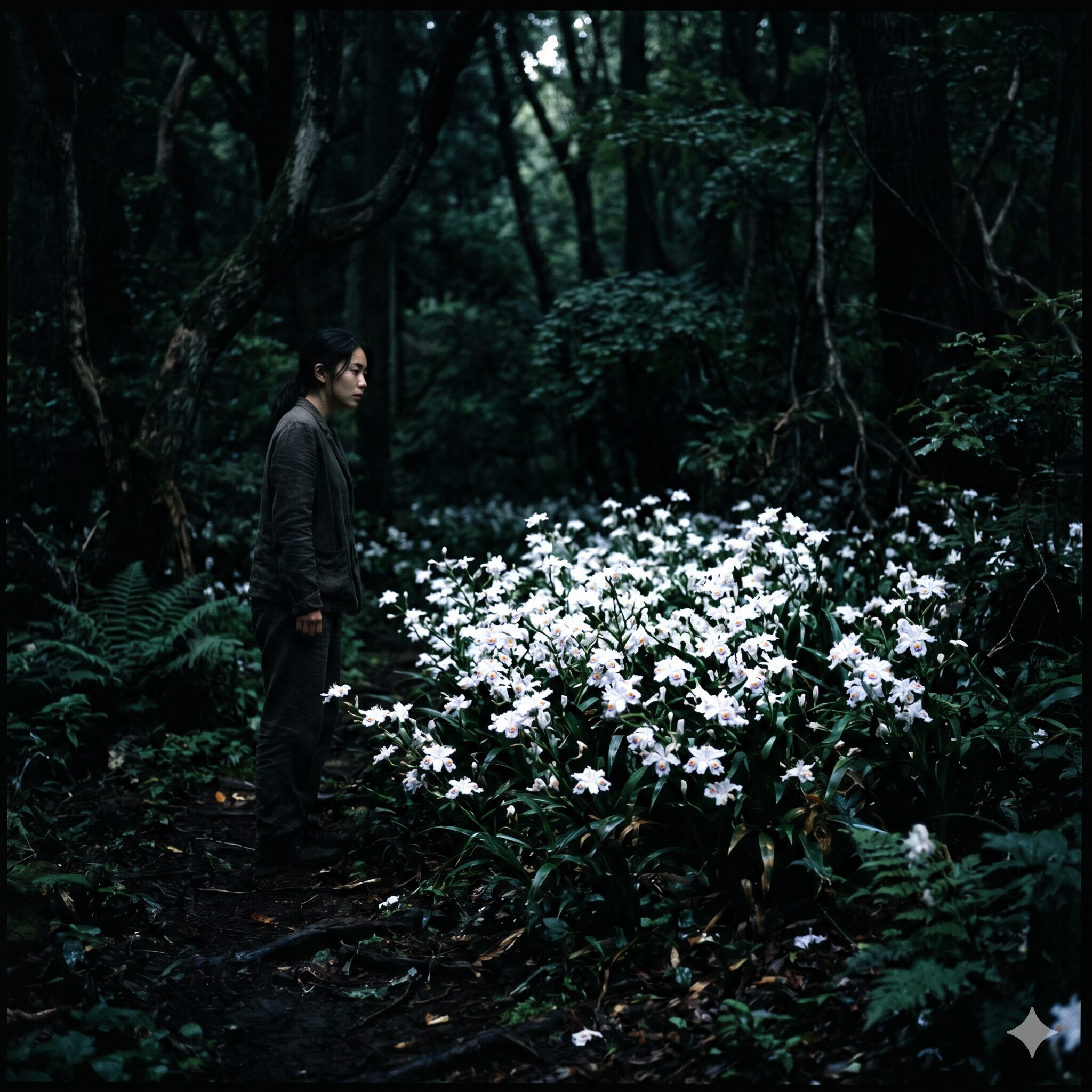 シャガ花言葉6　暗がりに白く浮かび上がる妖艶なシャガの群生、ミステリアスな恐怖