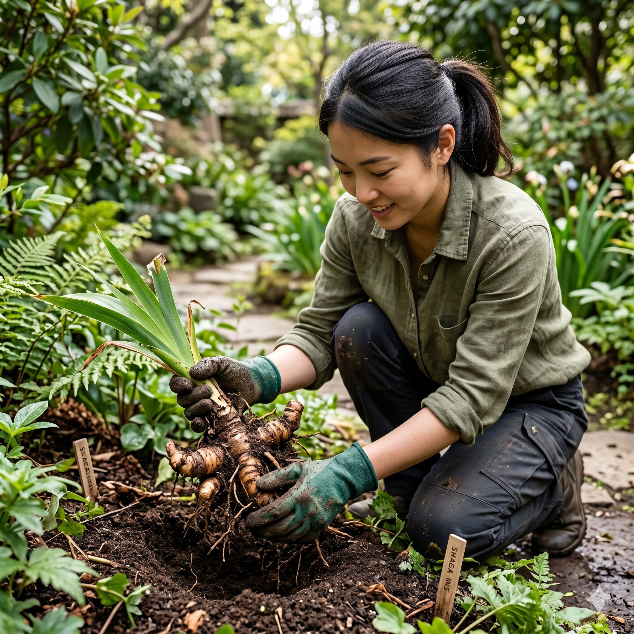 シャガ花言葉7　ゴム手袋を着用し、毒性のあるシャガの根茎を安全に植え替える様子